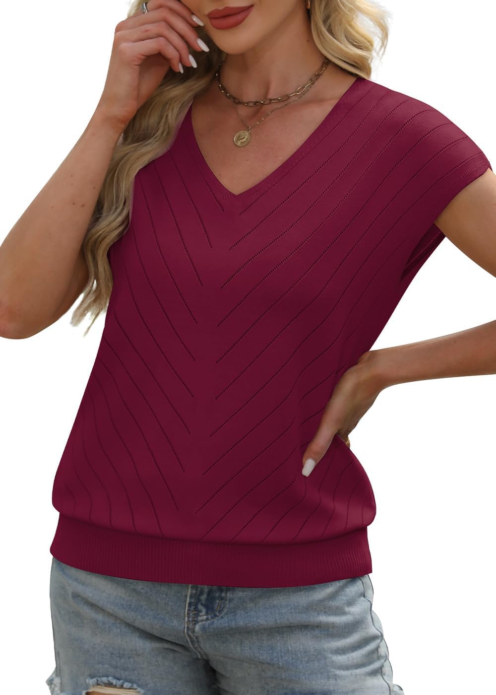 Detalle de WIHOLL Short Sleeve V-Neck Sweater for Women