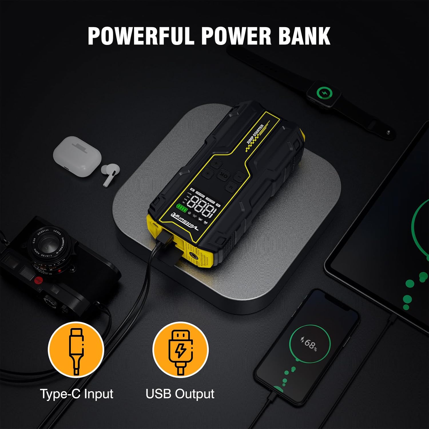 Detalle 1 de Avviatore Emergenza per Auto 12V 7000A con compressore 150PSI e doppia USB