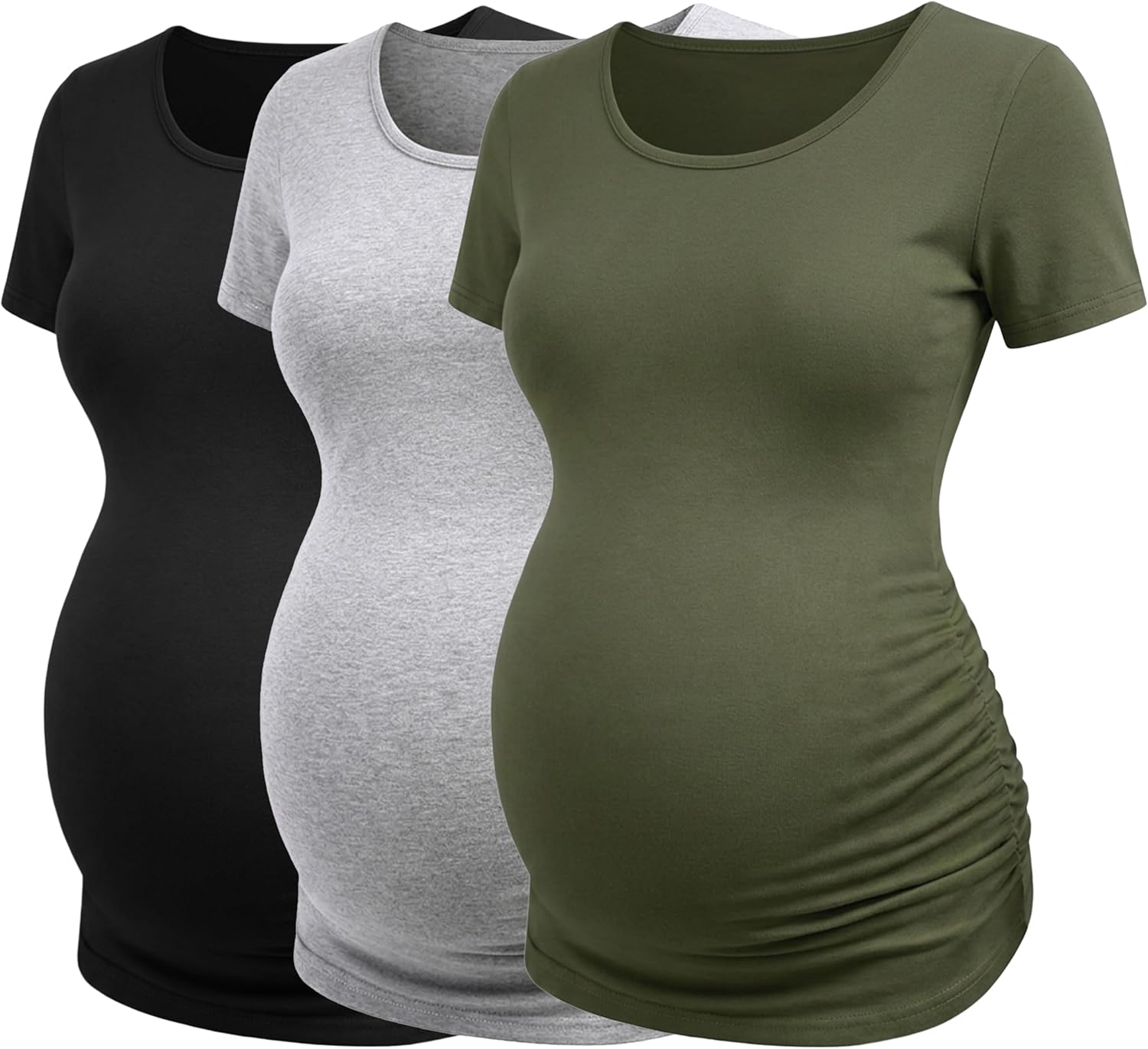 Detalle de Love2Mi 3er Pack Damen Umstandsshirt Kurzarm – Seitliche Raffung für wachsenden Babybauch