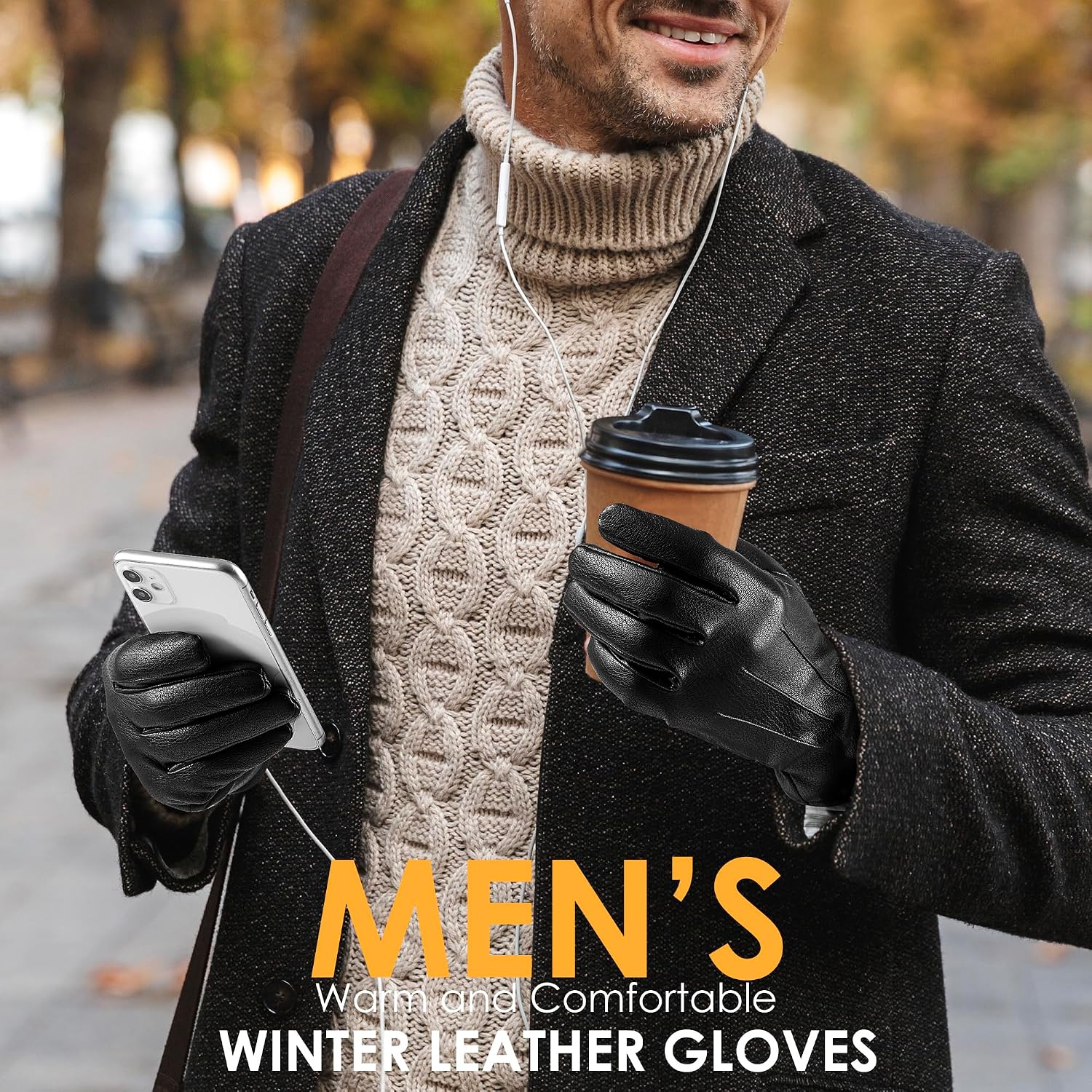 Detalle de Men’s Genuine Sheepskin Leather Gloves with Cashmere Lining and Touchscreen Use