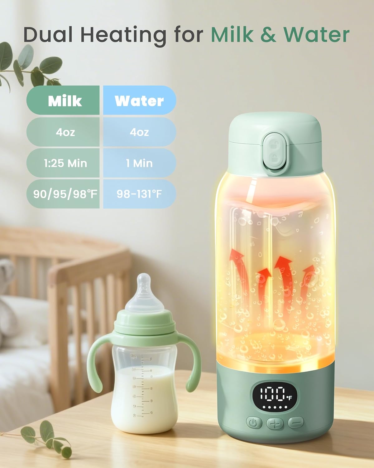 Thumbnail 3 de Portable Baby Bottle Warmer with Dual Heating Modes – 500ml Capacity, Fast 120W Heating, Long-Lasting Battery (Light Green)