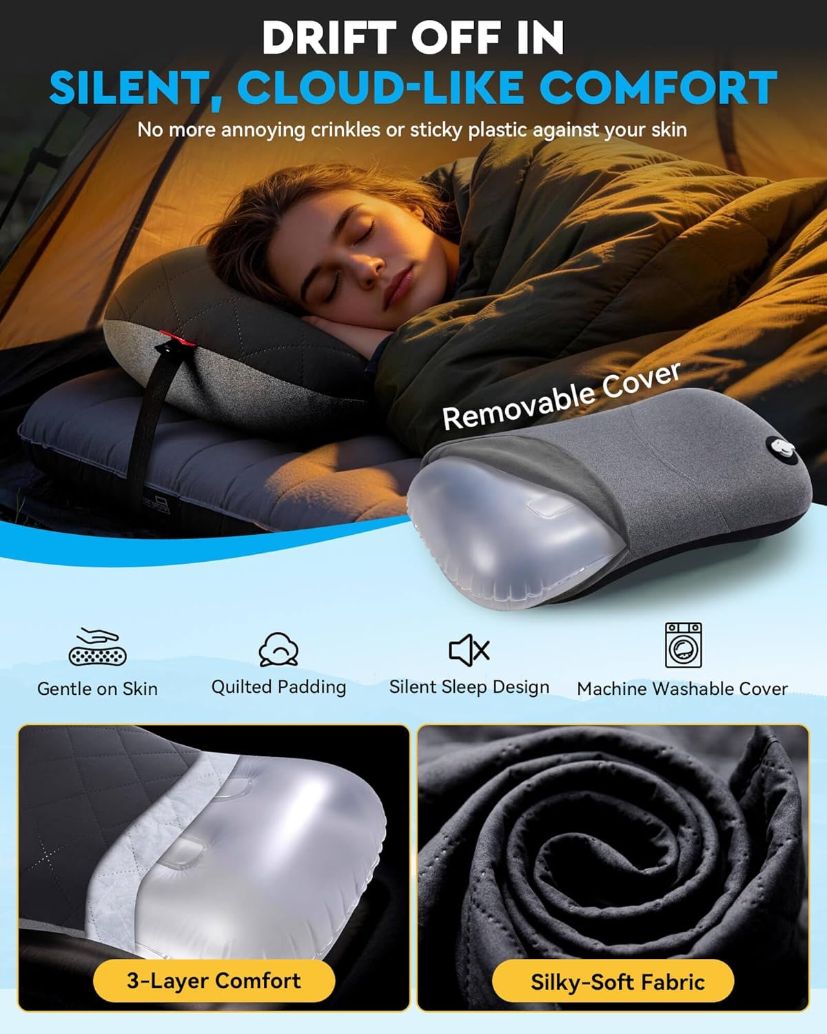 Detalle de Hikenture 1038-A2 Inflatable Camping Pillow with Removable Cover and Ergonomic Support