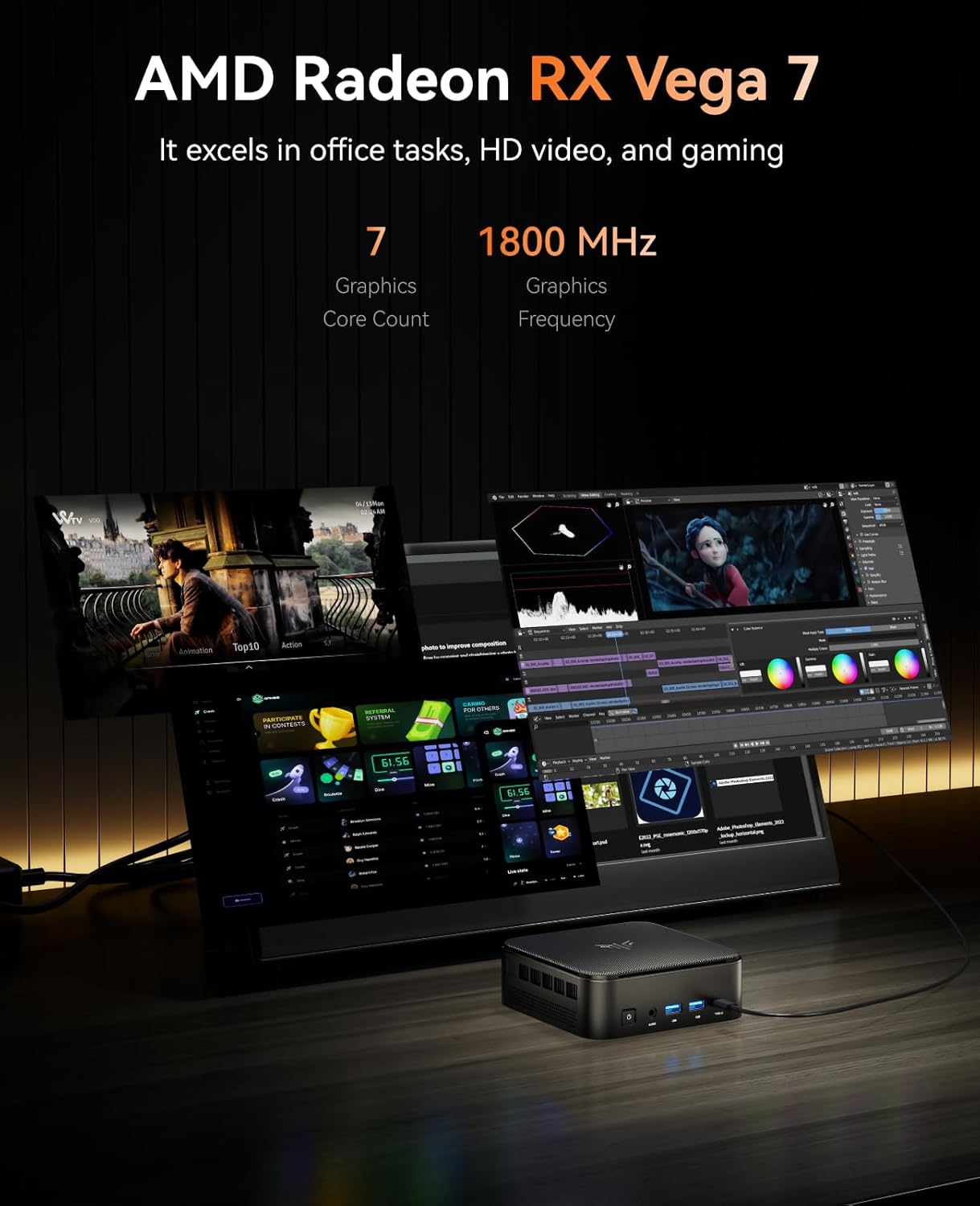 Detalle de NiPoGi E3B Mini PC – Ryzen 5 7430U, 16 GB RAM, 512 GB SSD, Radeon Vega 7
