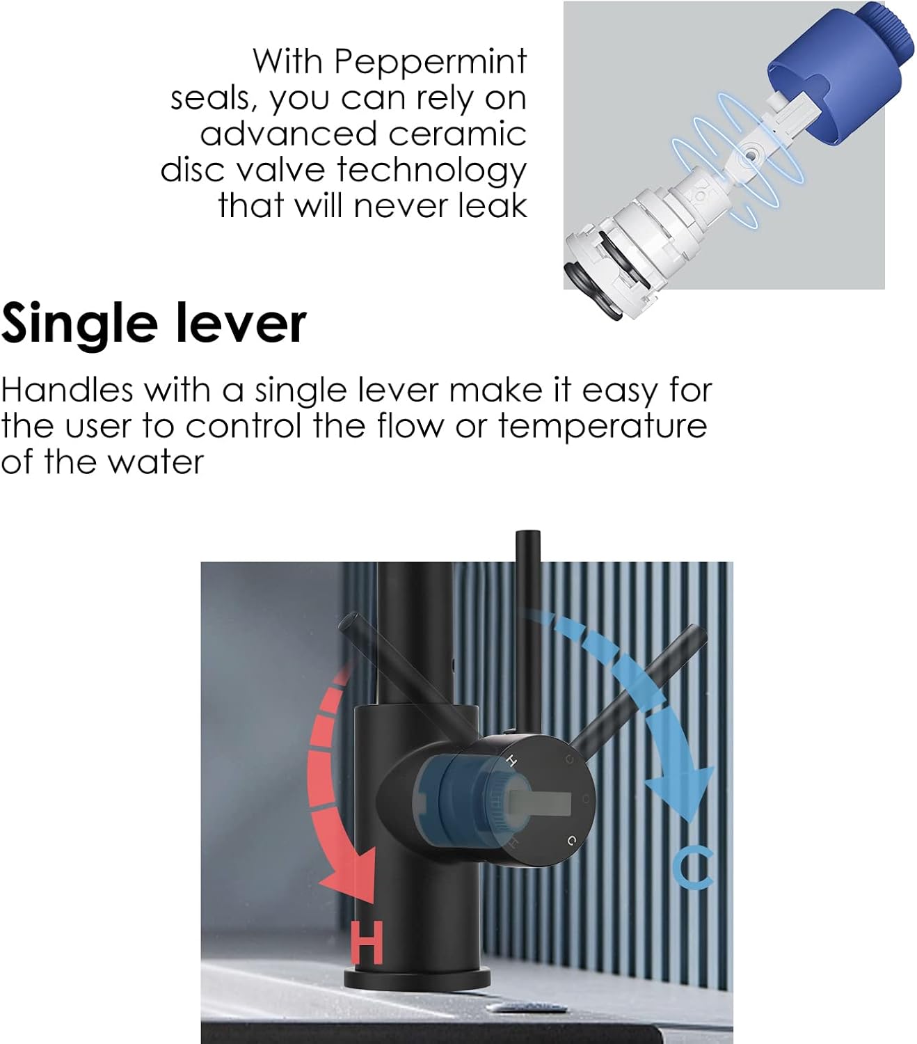 Detalle de Peppermint Black Kitchen Tap with Pull Out Spray – 3-Mode High Arc Mono Mixer