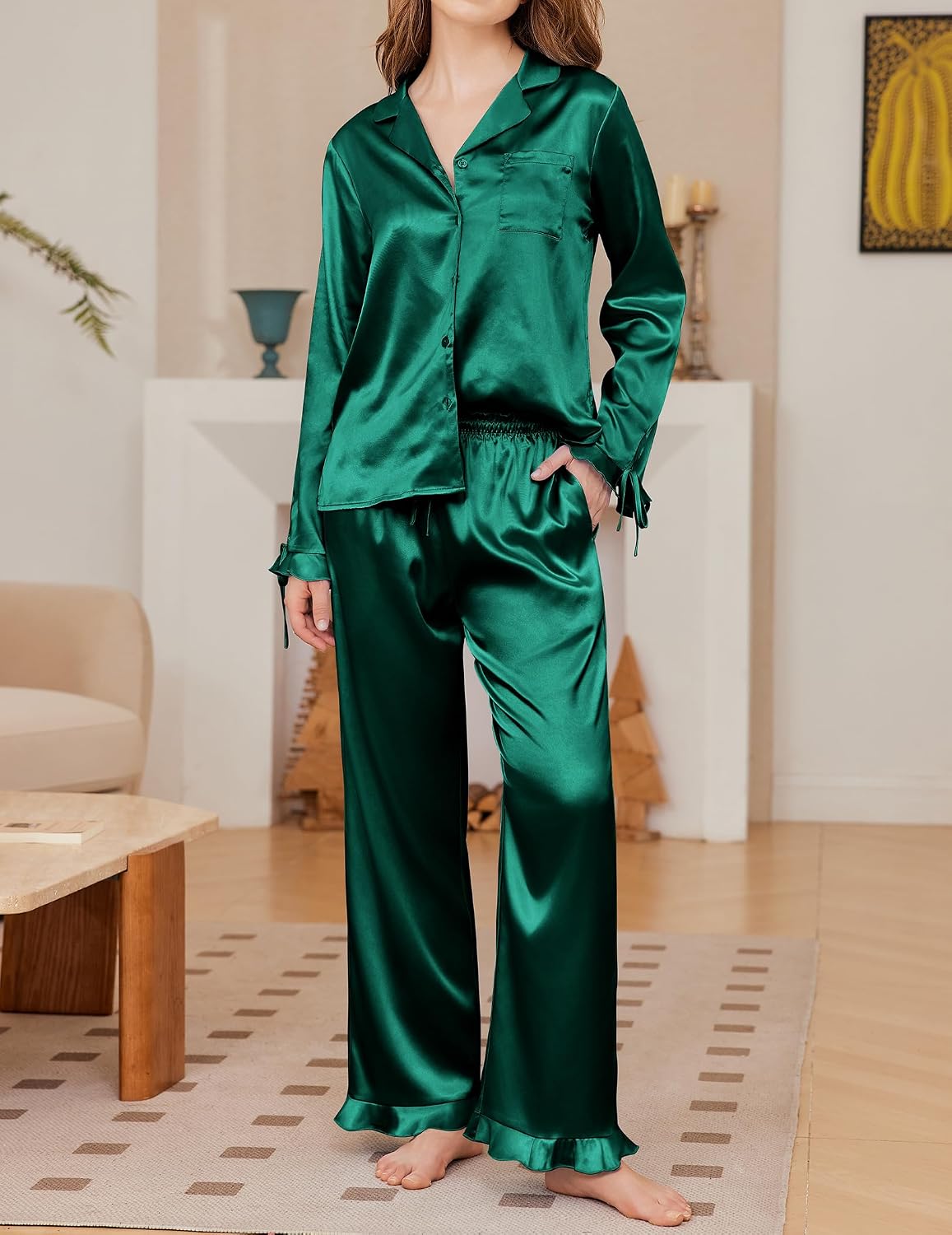 Detalle de Ekouaer Women's Satin Pajama Set