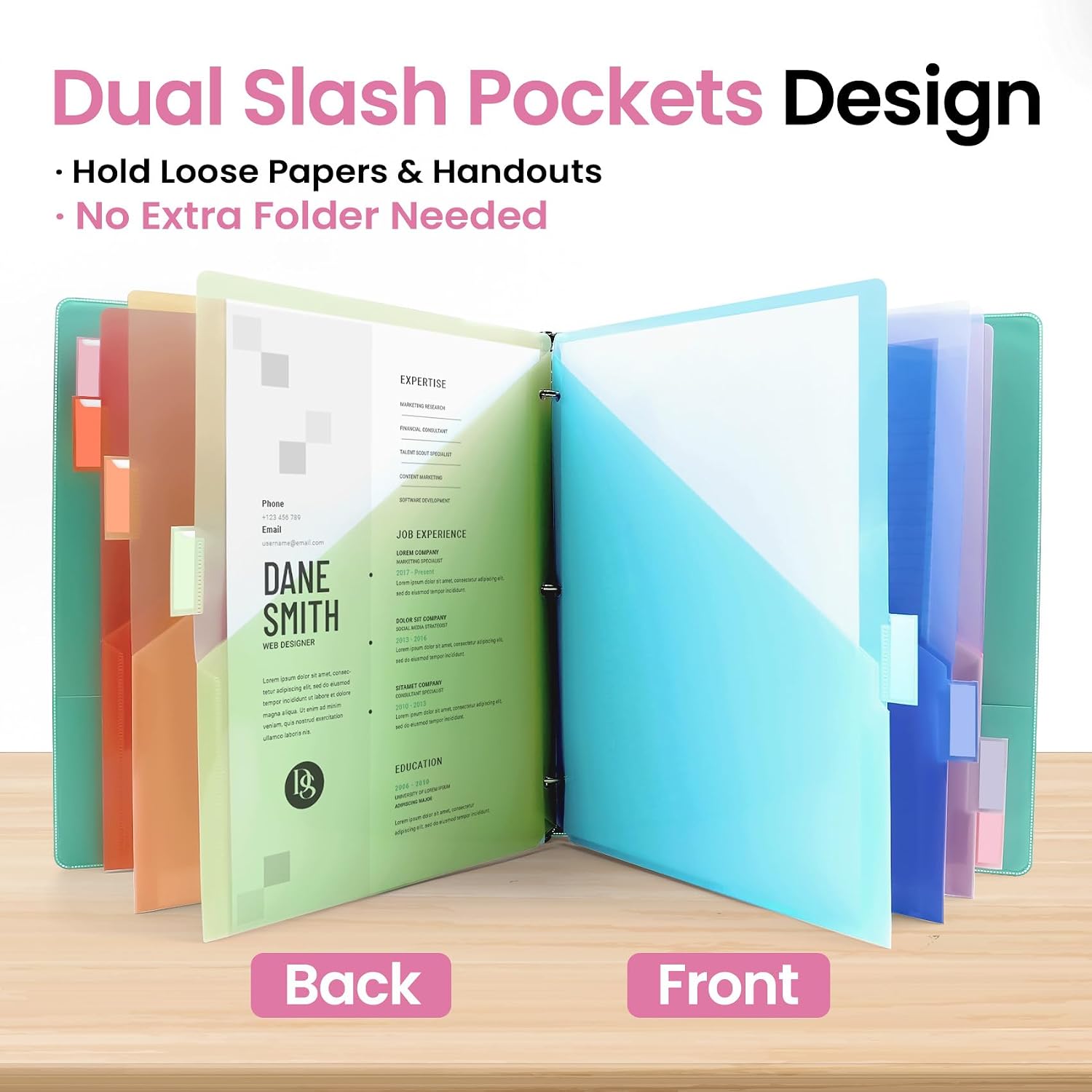 Detalle de Taja 16-Count Plastic Binder Dividers with 8 Pastel Tabs and Two Pockets