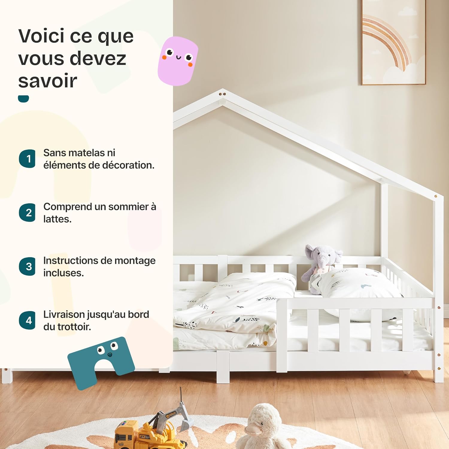 Thumbnail 6 de [en.casa] Lit d'enfant Design en Forme Maison avec Grille de Protection – Pin massif et contreplaqué, 200 x 90 cm, Blanc Mat