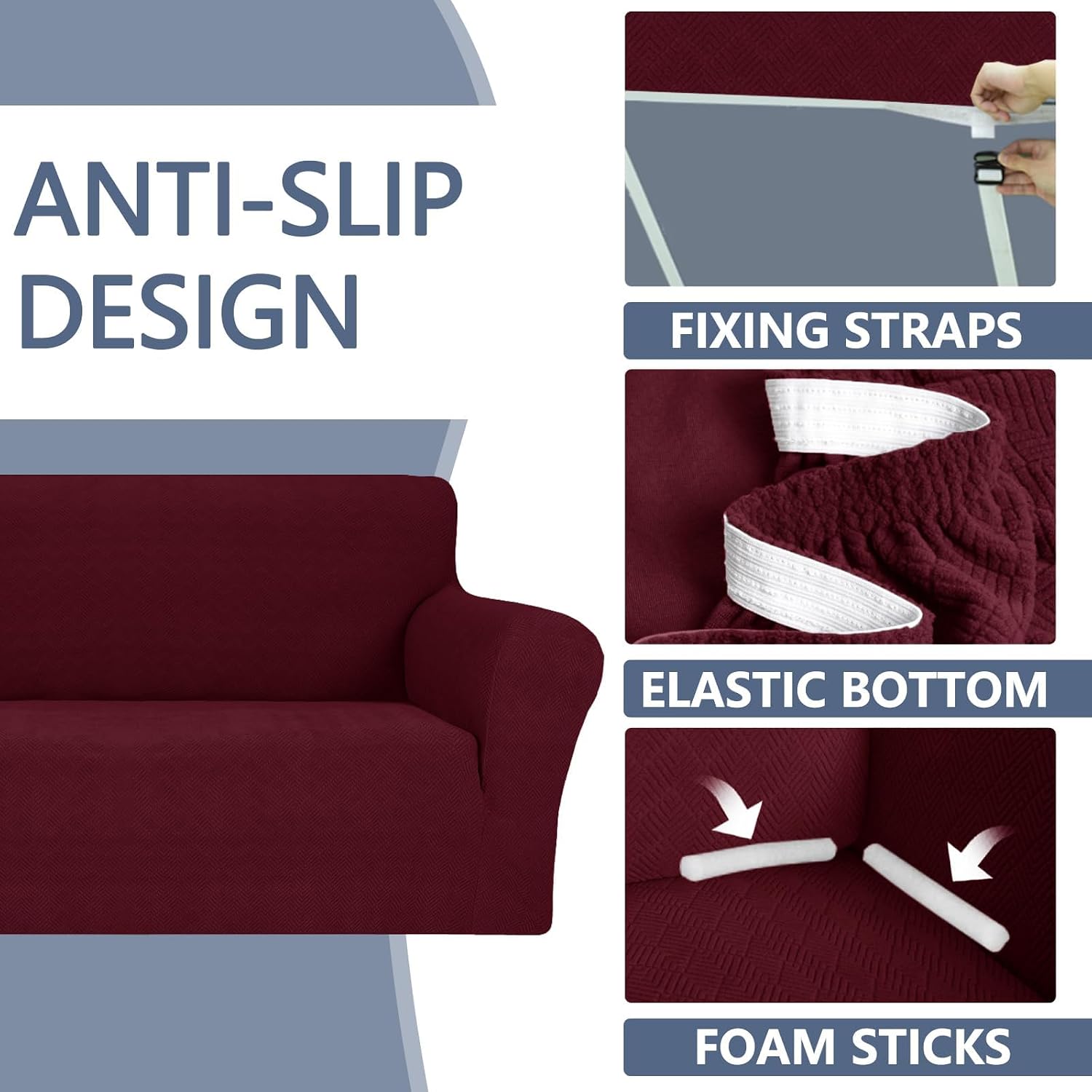 Detalle 2 de Ystyle housse de canapé extensible universelle 4 places bordeaux avec accoudoirs