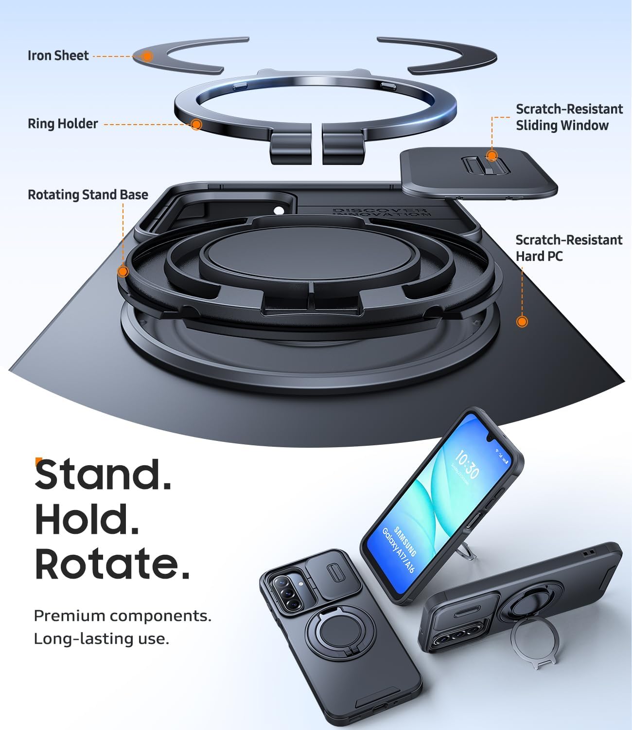 Thumbnail 5 de JAME Galaxy A16/A17 Case with 360° Ring Stand, Slide Camera Cover, Magnetic Plates & 2-Pack Tempered Glass Protectors (Black)
