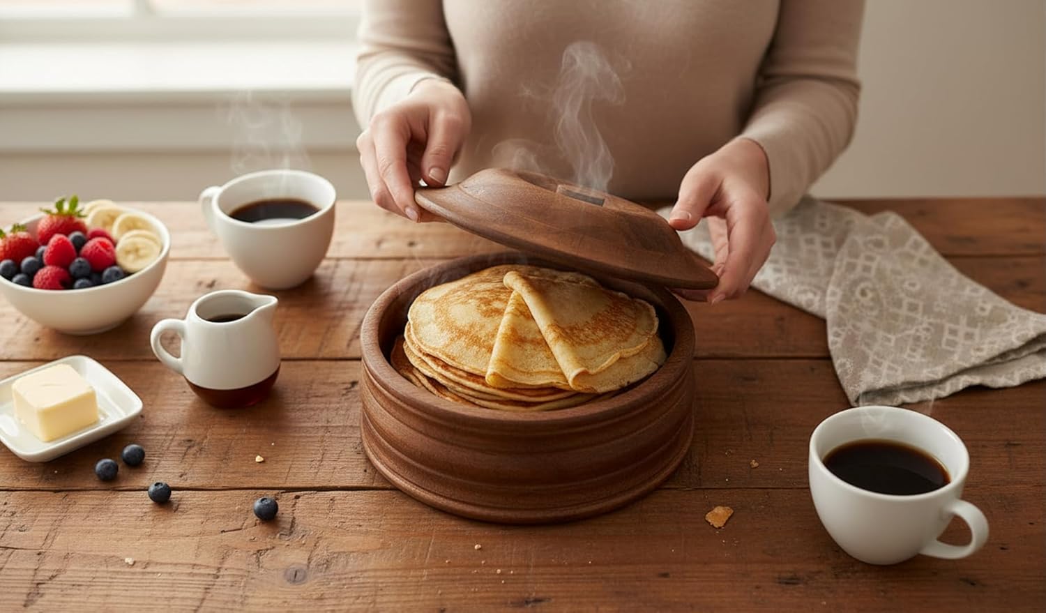 Thumbnail 2 de Handcrafted Wooden Tortilla Warmer Basket with Lid – Natural Mango Wood, 22 x 11 cm