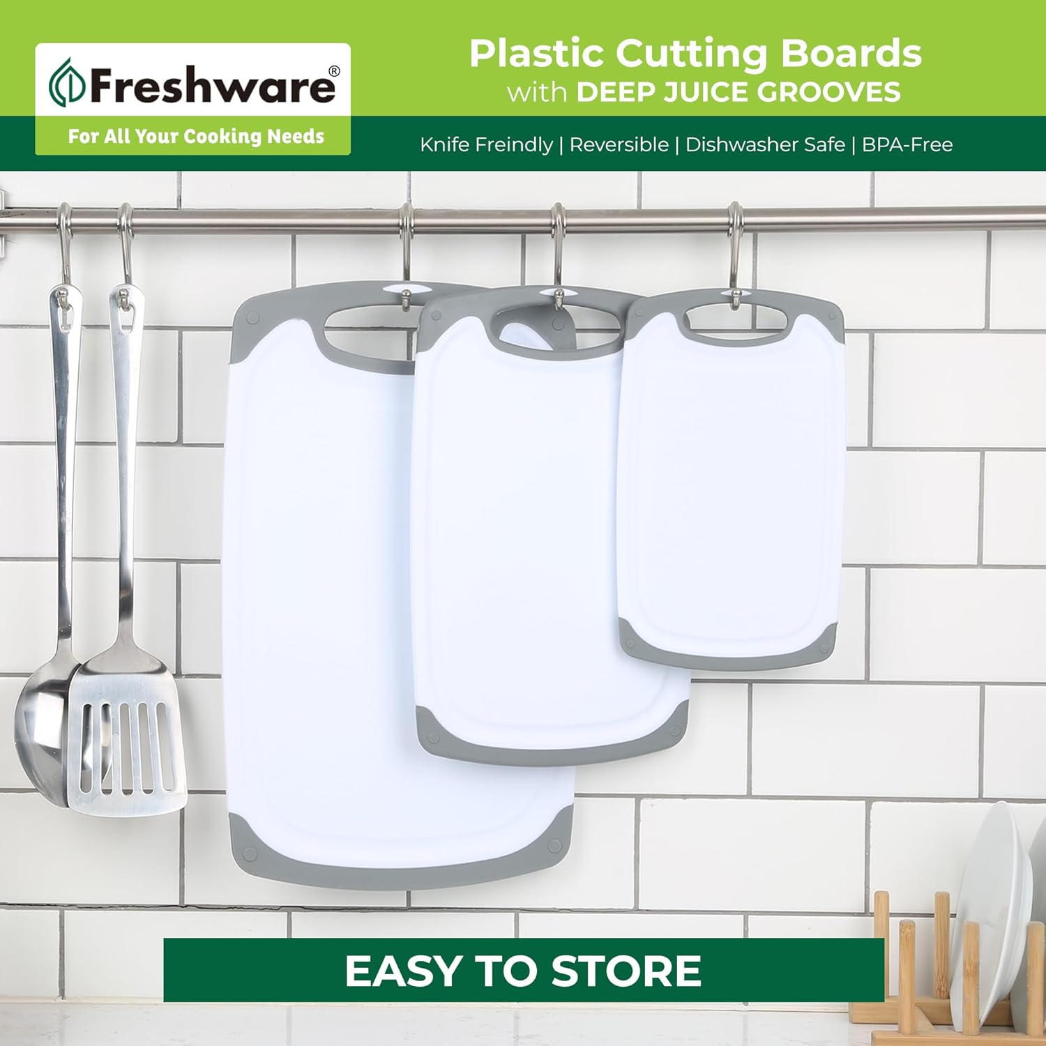 Thumbnail 6 de Freshware Kitchen Cutting Boards (3-Pack) with Juice Grooves, Non Slip Handles, Reversible & Dishwasher Safe (Gray)