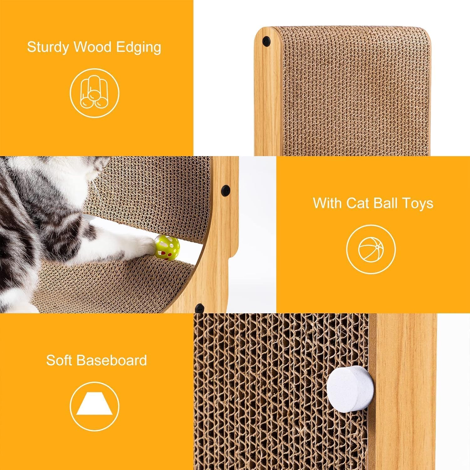 Detalle de Poils bebe PB1-LX-L L-Shaped Cat Scratcher with Corrugated Cardboard, Ball Toy & Catnip