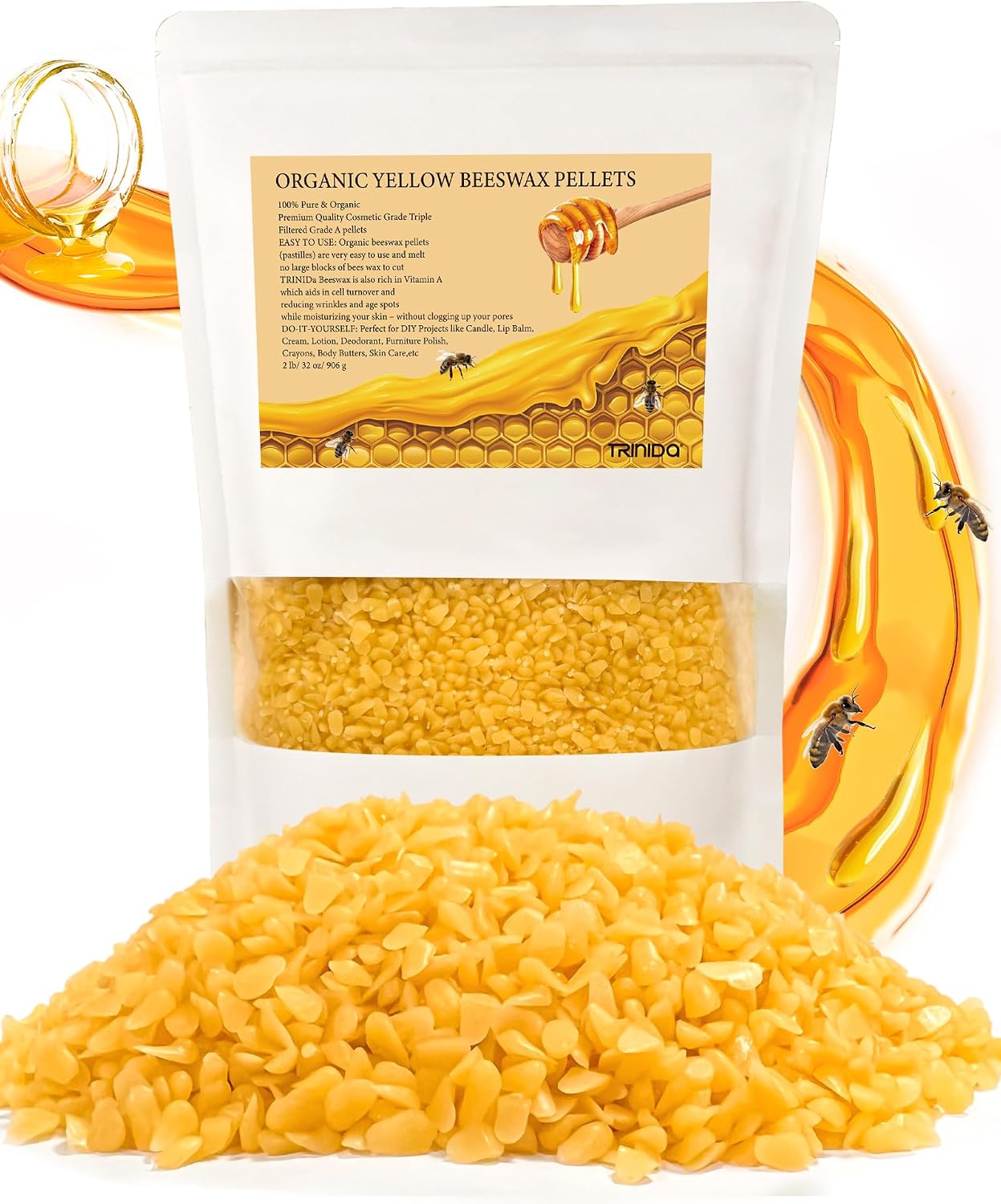 Detalle de TRINIDa Beeswax Pellets, 2LB Yellow Wax for Candles and DIY Body Care