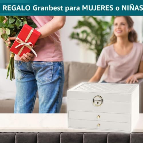 Thumbnail 6 de Granbest Joyero de 3 capas con 2 cajones – joyero de piel elegante para collares, pulseras, anillos y pendientes (blanco)