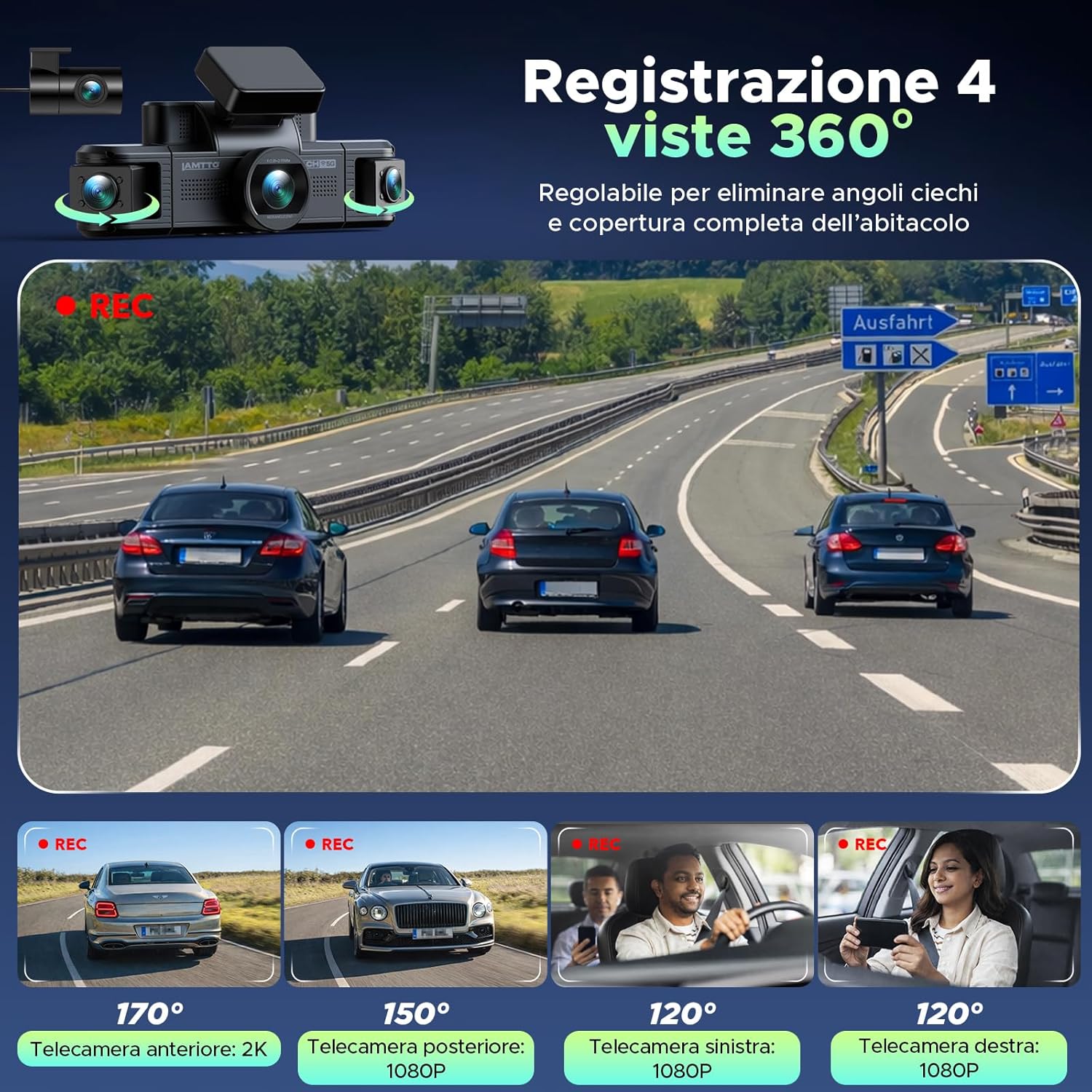 Thumbnail 1 de LAMTTO Dashcam 4 Canali 360° con WiFi 5GHz e kit hardwire: sorveglianza per auto, taxi e parcheggio