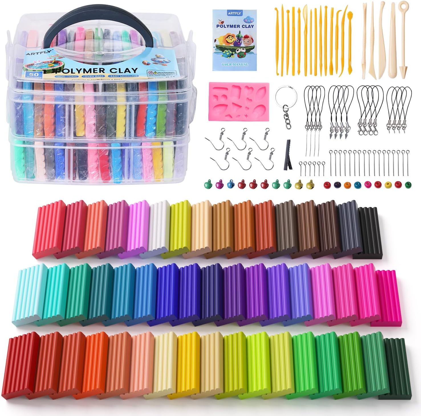 Detalle de ARTFLY Pâte Polymère – 50 couleurs, outils et accessoires inclus, non toxique et prêt à cuire