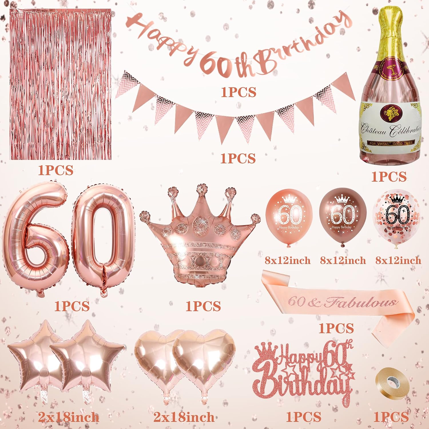 Thumbnail 2 de VICTERR Rose Gold 60th Birthday Decoration Set (Happy 60th Birthday banner, number 60 balloons & foil curtains)