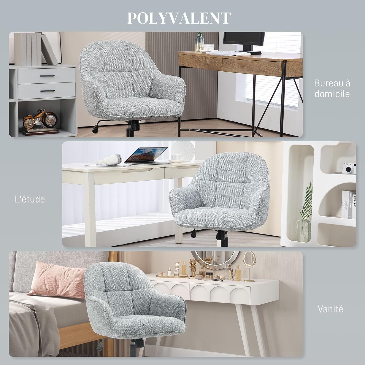 Thumbnail 6 de HOMCOM Fauteuil de bureau gris pivotant 360° à dossier et assise capitonnés, hauteur réglable