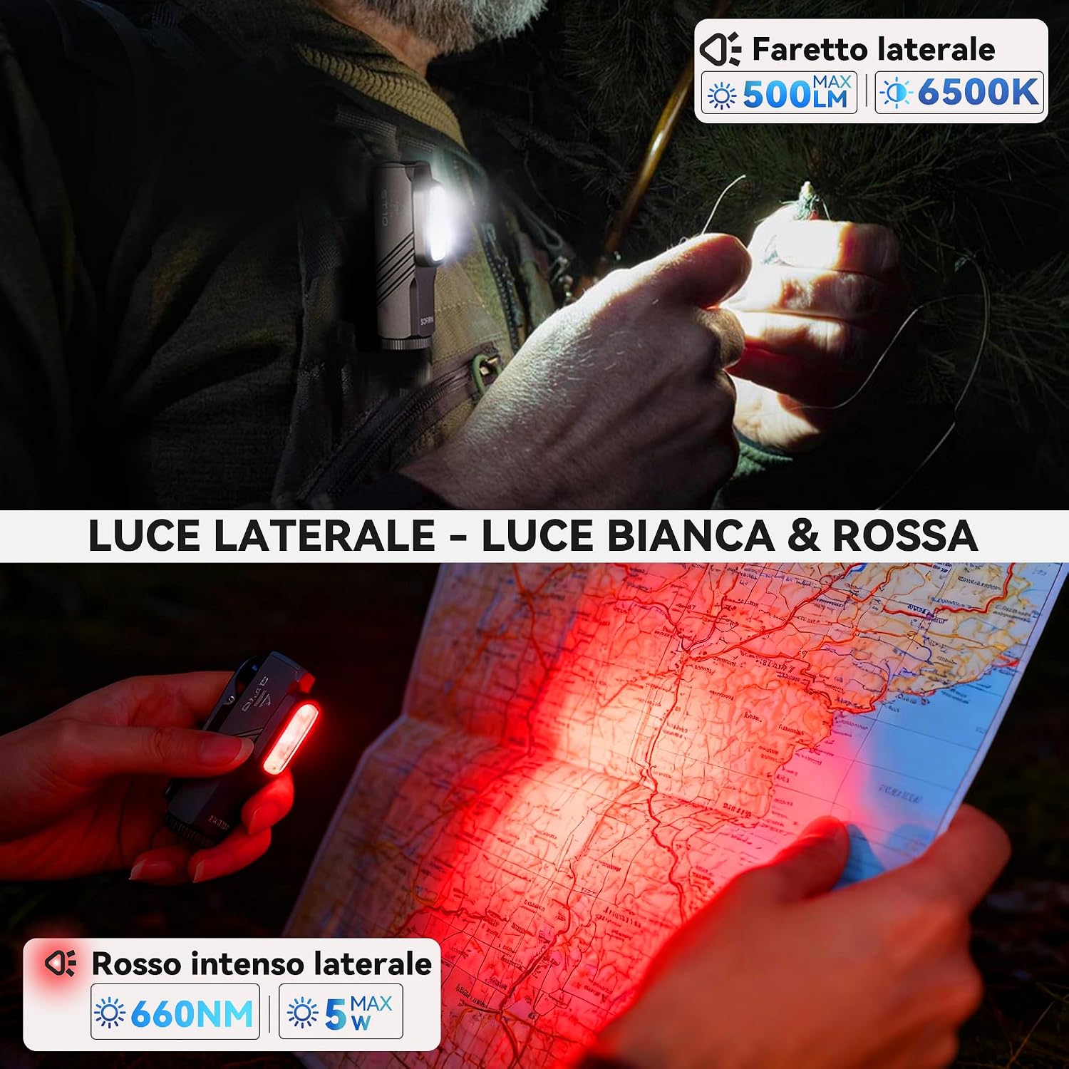 Detalle de SOFIRN ST10 Mini: torcia LED ricaricabile 1000 lm spot / 500 lm flood, luce rossa 660 nm, IPX6