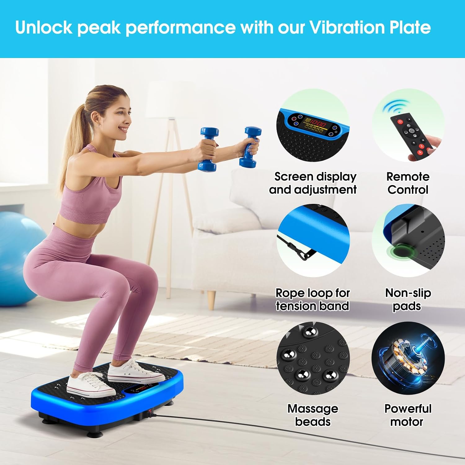 Detalle de SoftGym Vibration Plate Exercise Machine, 120 Speeds, LED Display and Bands