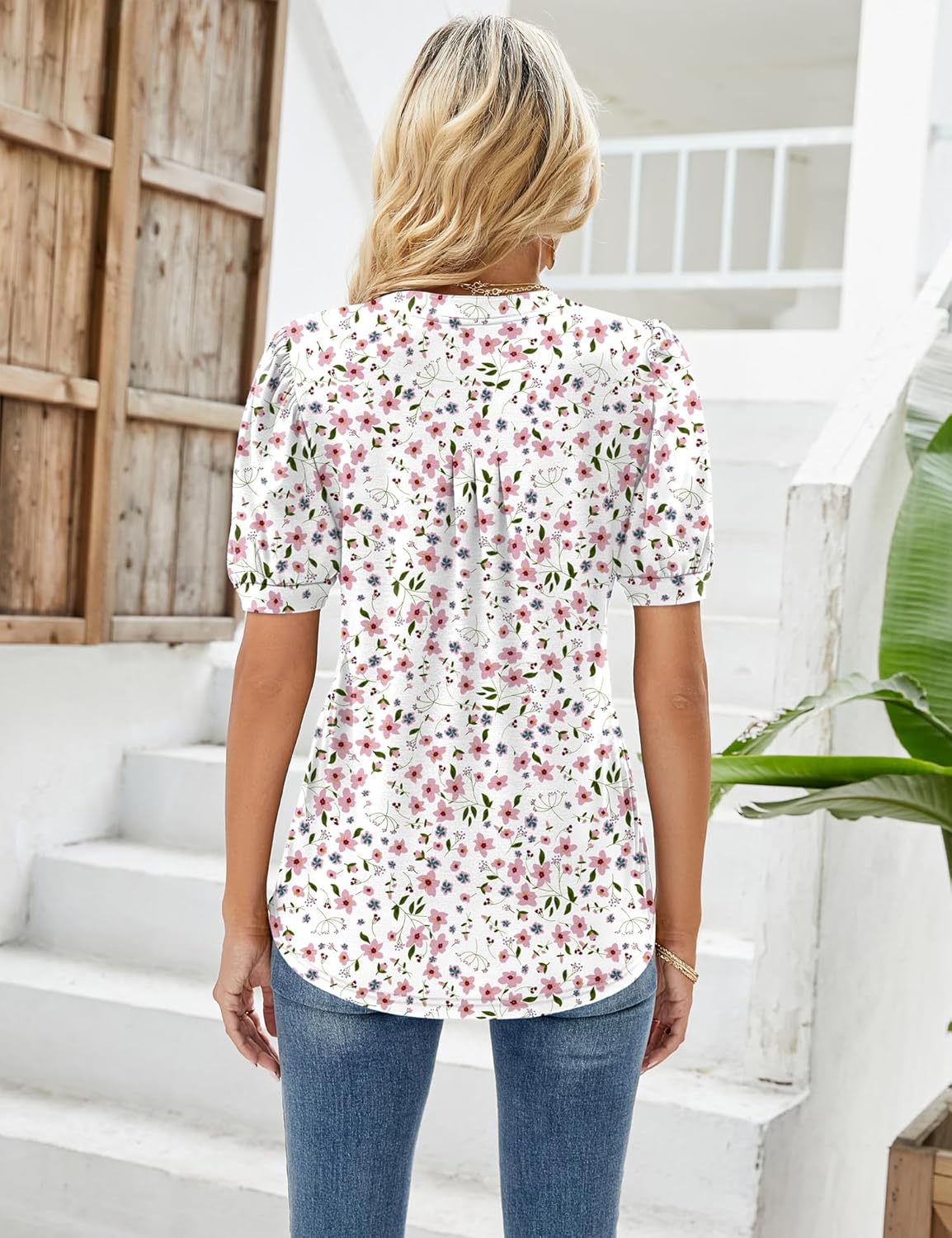 Thumbnail 2 de EFFAN Women's V-Neck Puff Sleeve Floral Pleated Tunic Top