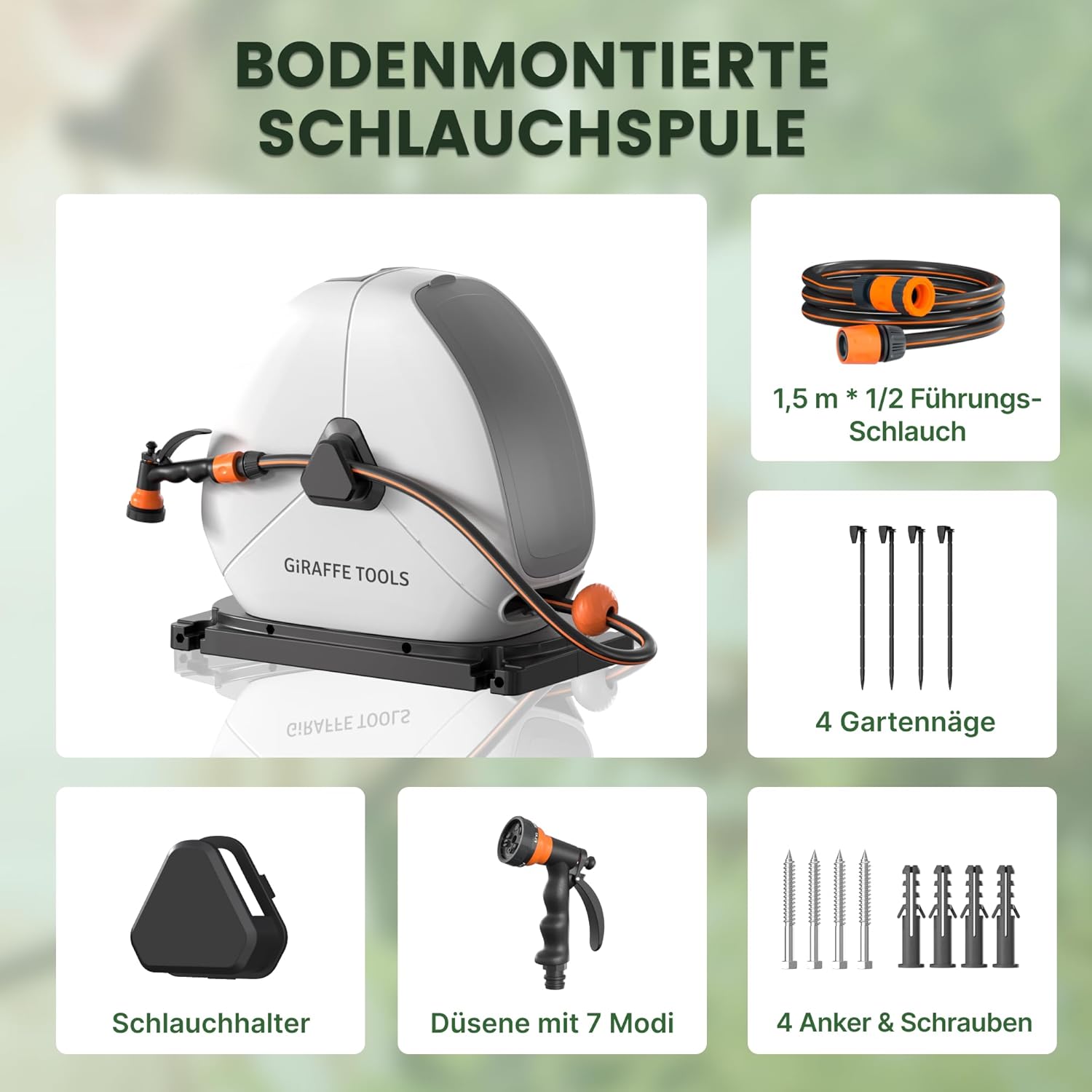 Detalle de Giraffe Tools Ausziehbare Schlauchtrommel mit 30 m – Bodentrommel, 360° Drehsockel und 7-Funktions-Düse