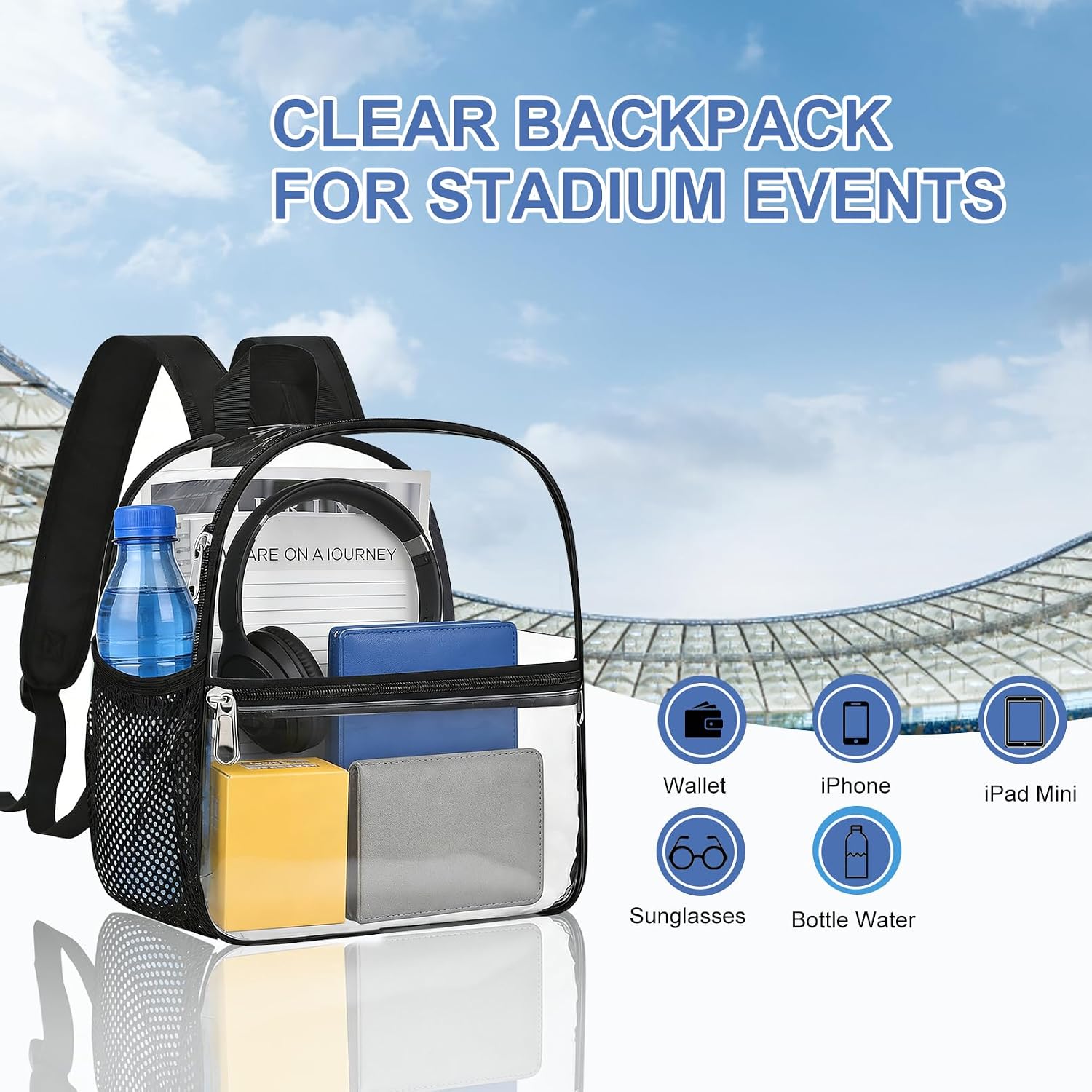Thumbnail 5 de Busiuw Clear Stadium Backpack 12x12x6 (Black-Clear) — Small Transparent Event Bag