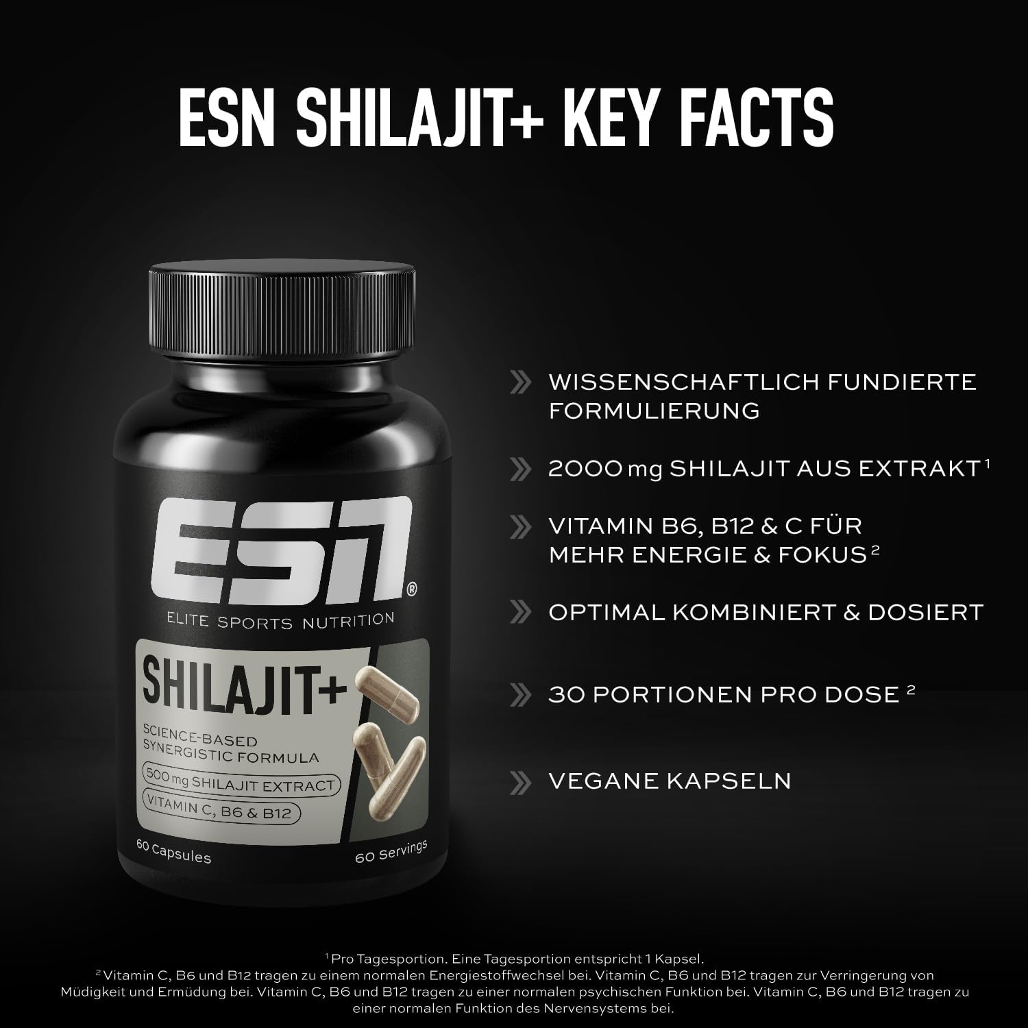 Detalle de ESN Shilajit+ 60 vegane Kapseln – hochdosiert mit 2000 mg Shilajit-Extrakt, mit Vitaminen und Piperin