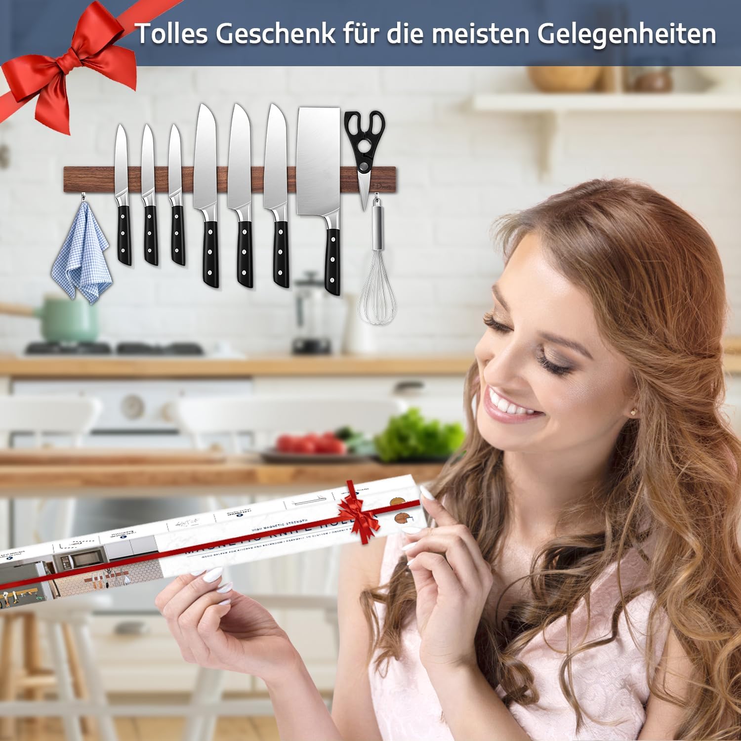 Detalle de Dmore Magnetleiste für Messer (50 cm) mit 2 Haken – magnetisch ohne Bohren aus Walnuss