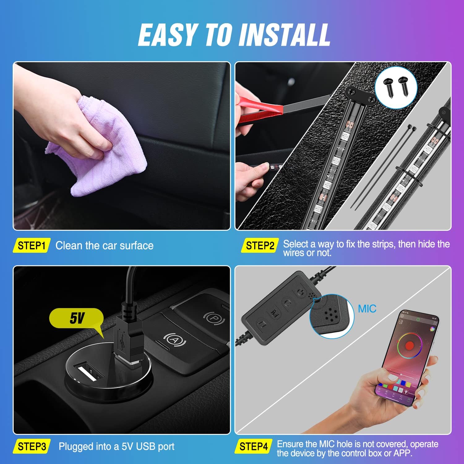 Thumbnail 5 de Nilight 72 LED USB Interior Strip Lights Dream Color RGBIC 12V DC with App, RF Remote, and Music Sync