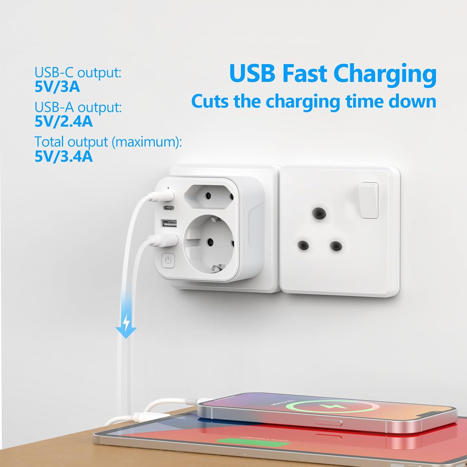 Thumbnail 2 de JSVER Adaptateur prise Afrique du Sud 6 en 1 Type M, blanc, avec 2 USB-A et 2 USB-C