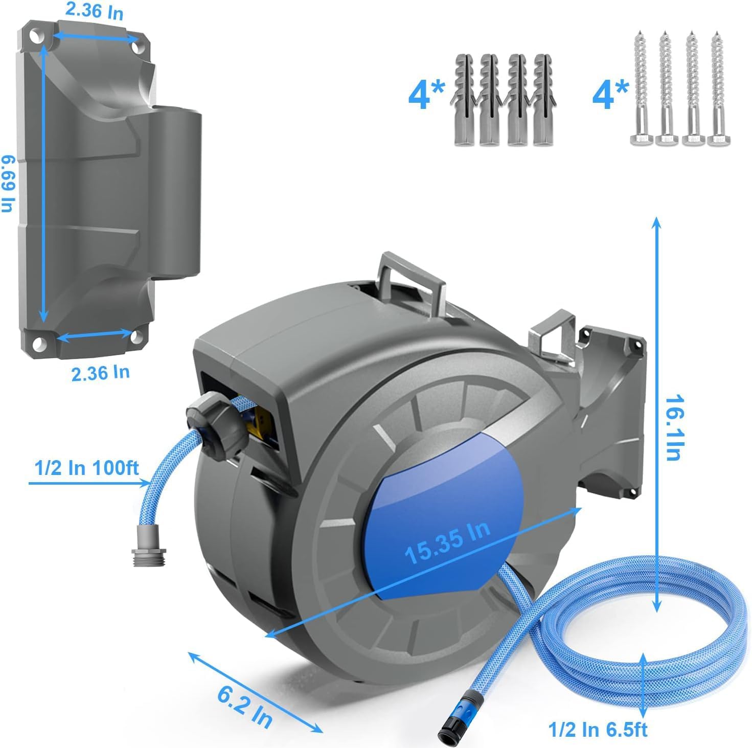 Thumbnail 6 de Retractable Hose Pipe 1/2" x 30m + 2m Wall Mounted Hose Reel with 10 Patterns Nozzle, Lock Any Length, 180°Swivel, Automatic Slow Rewind System