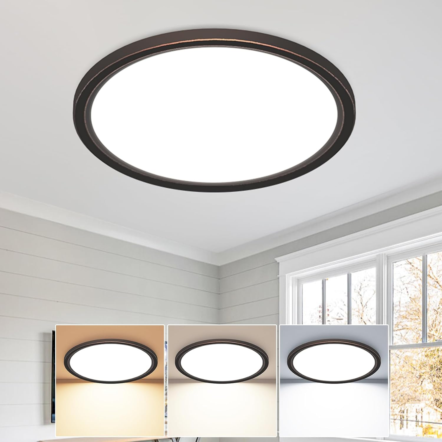 Thumbnail 6 de slochi LED-Deckenleuchte flach 36W, Ø40 cm, 3-Farb-Modus (3000K/4000K/6500K) – IP44 für Bad & Küche, Schwarz