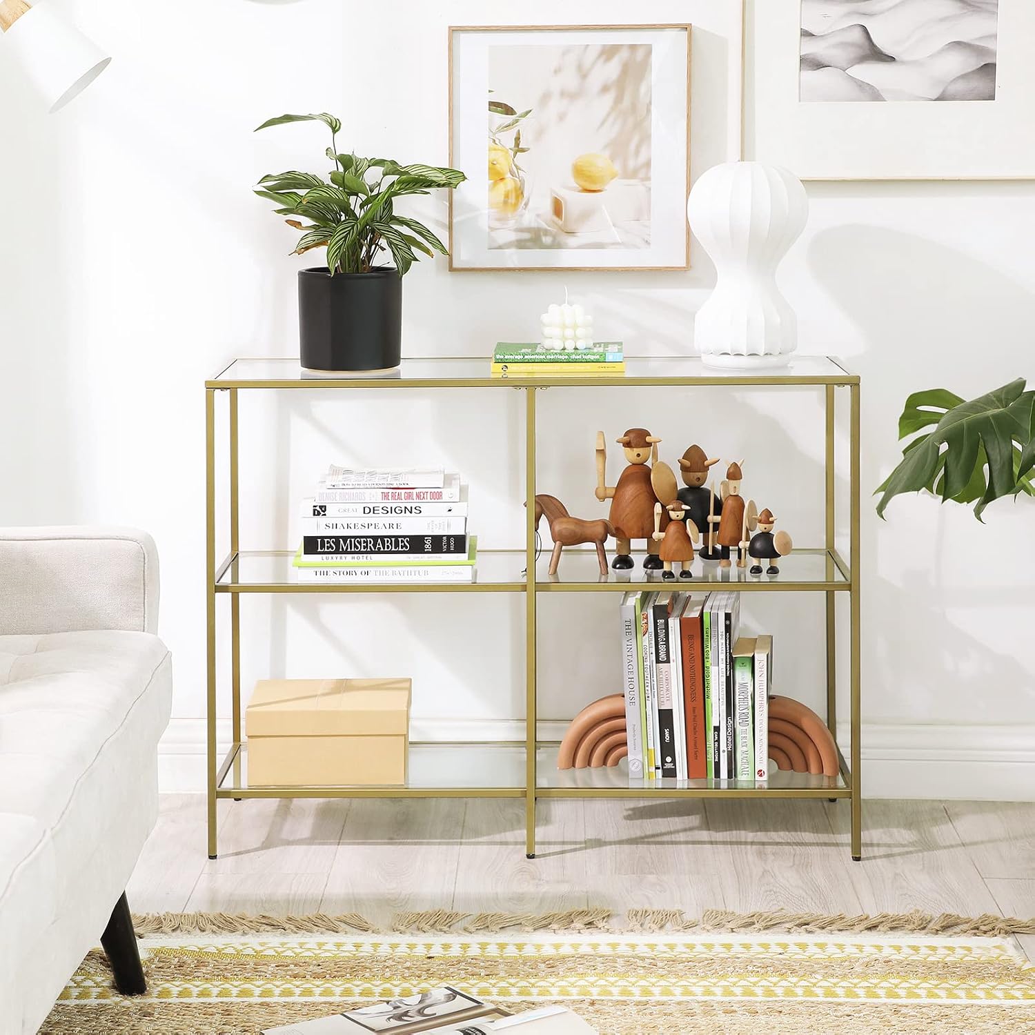 Detalle 2 de VASAGLE LGT27G Console Table, 3-Tier Tempered Glass, Gold Metal Frame