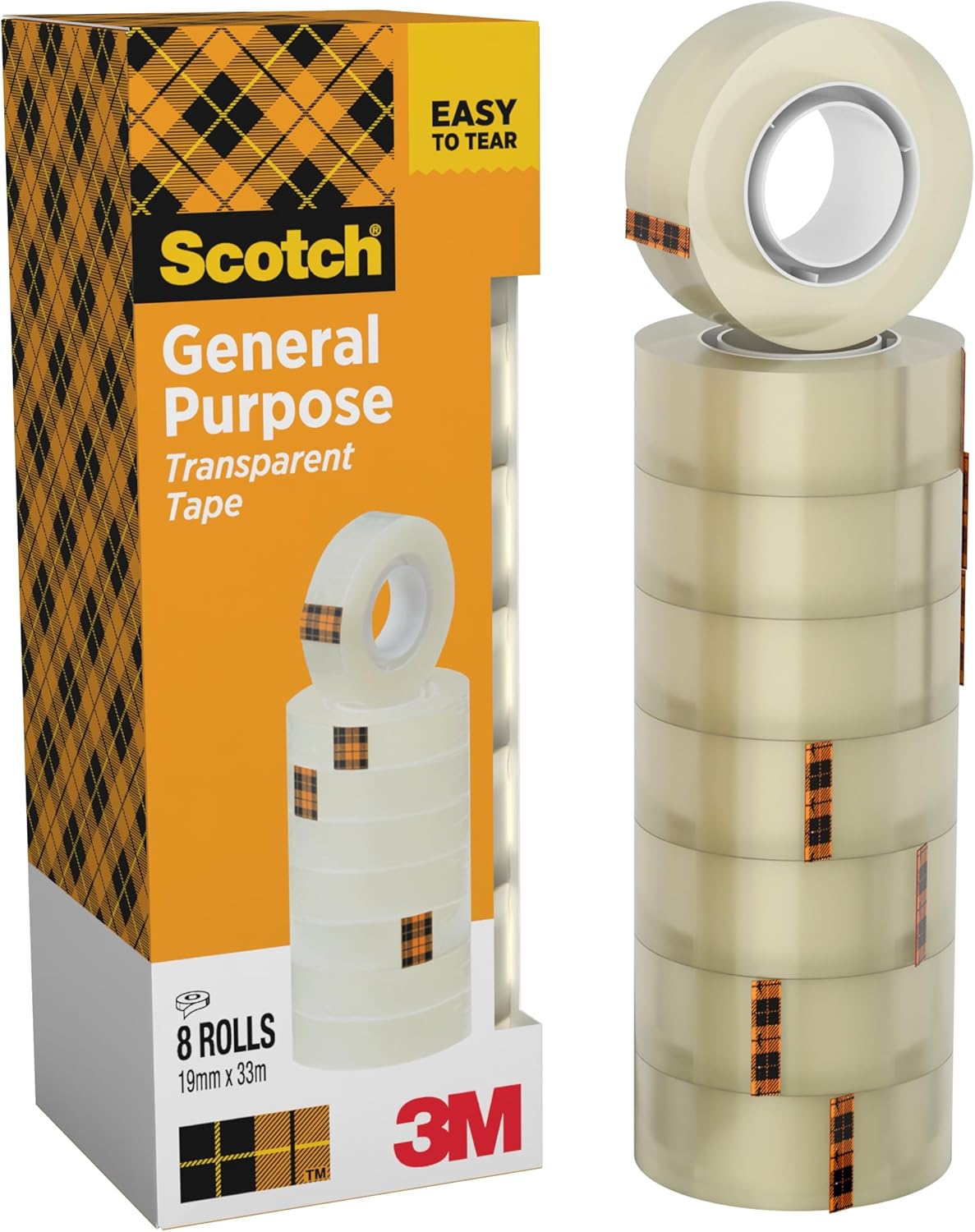 Detalle de Scotch Transparent Tape, 8 Rolls (19 mm x 33 m) – General Purpose Clear Tape for Home, School, and Office