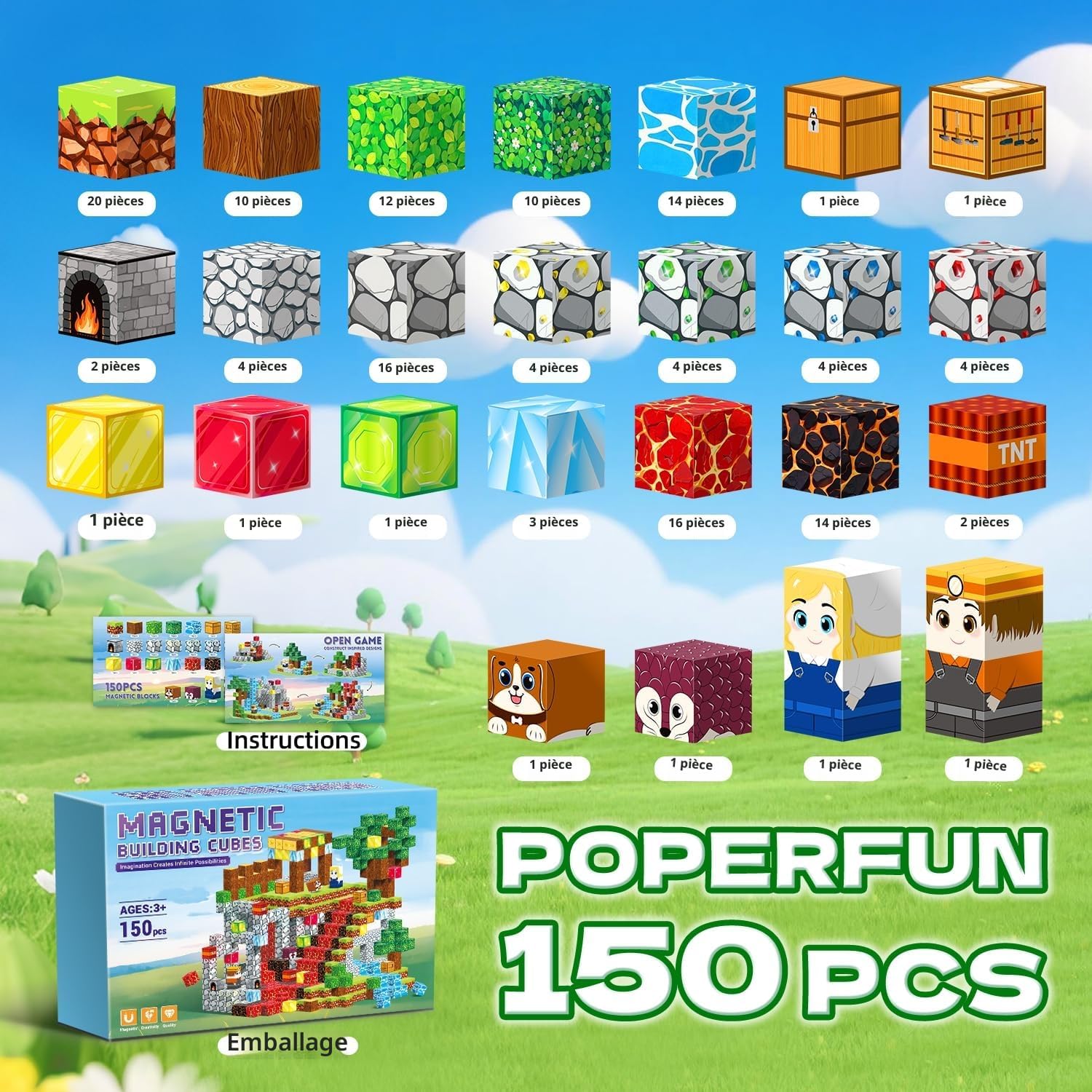 Detalle de POPERFUN Construction Magnétique Enfant 150 Pièces – Bloc de Construction Magnétique Éducatif STEM