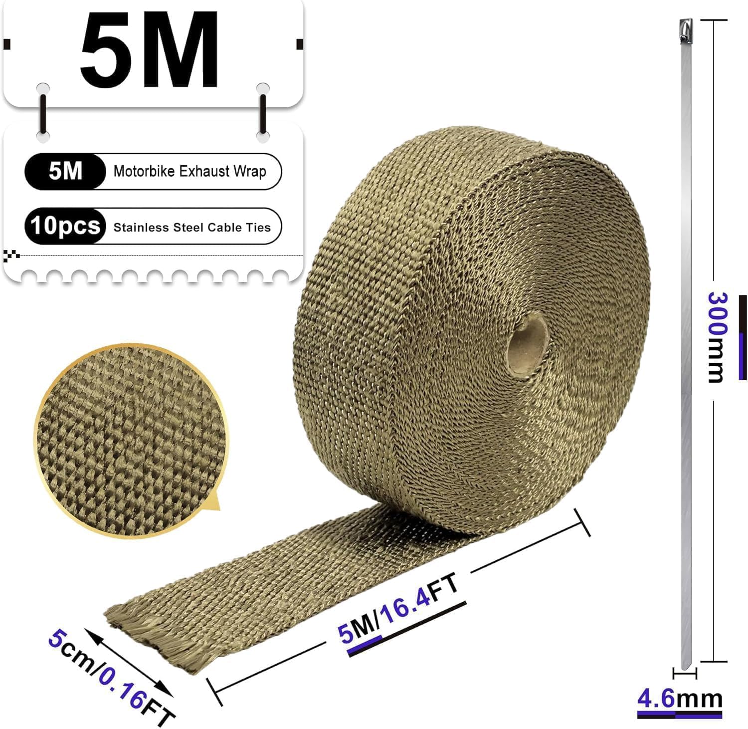 Detalle 2 de Foneso Titanium Exhaust Heat Wrap (5M) with 10 Stainless Ties for Car & Motorcycle