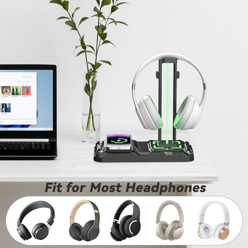 Thumbnail 4 de KDD Support Casque Gamer avec Charge Sans Fil et Station de Rechargement – Porte-Headset et Manettes, 2 USB + Type-C, Noir