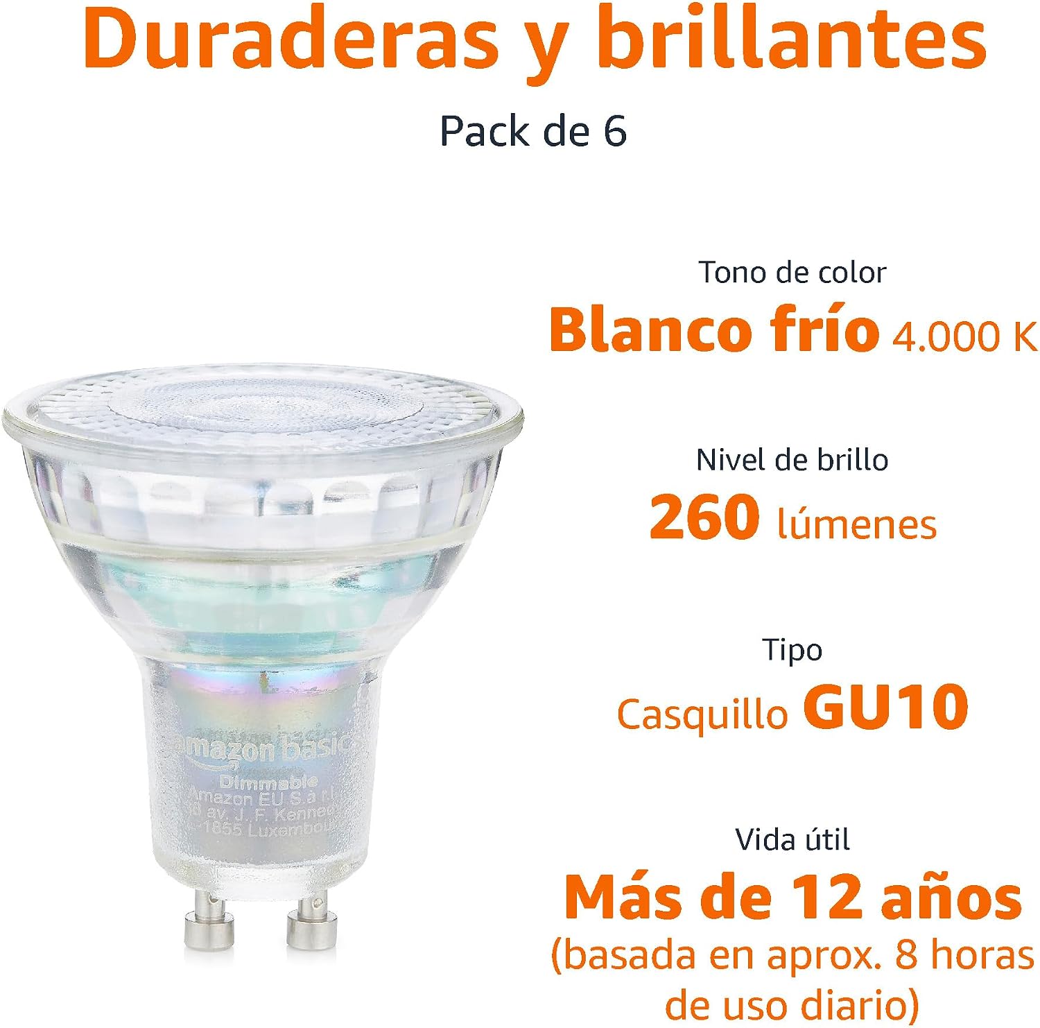 Detalle 2 de Amazon Basics Focos LED GU10 Regulables, 6 unidades, blanco frío