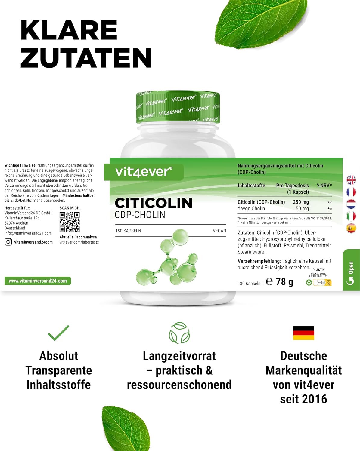 Detalle de vit4ever CDP-Cholin (Citicolin) 250 mg – 180 Kapseln, vegan