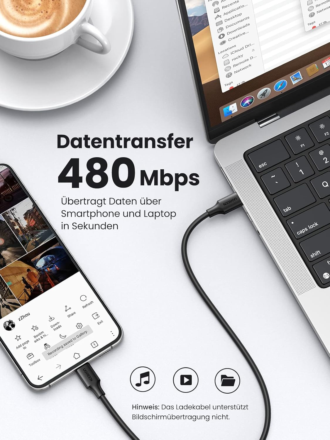 Detalle 2 de UGREEN USB‑C Kabel 60 W (PD 3.0 / PPS) – 2er‑Set USB‑C auf USB‑C, bis 480 Mbit/s, für iPhone, iPad, MacBook & mehr