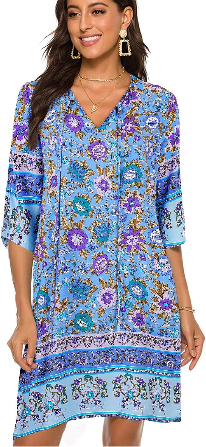 Detalle de BDTECAOR Damen Vintage Ethnostil Tunika-Kleid mit Blumenmuster und V-Ausschnitt (3/4-Arm)