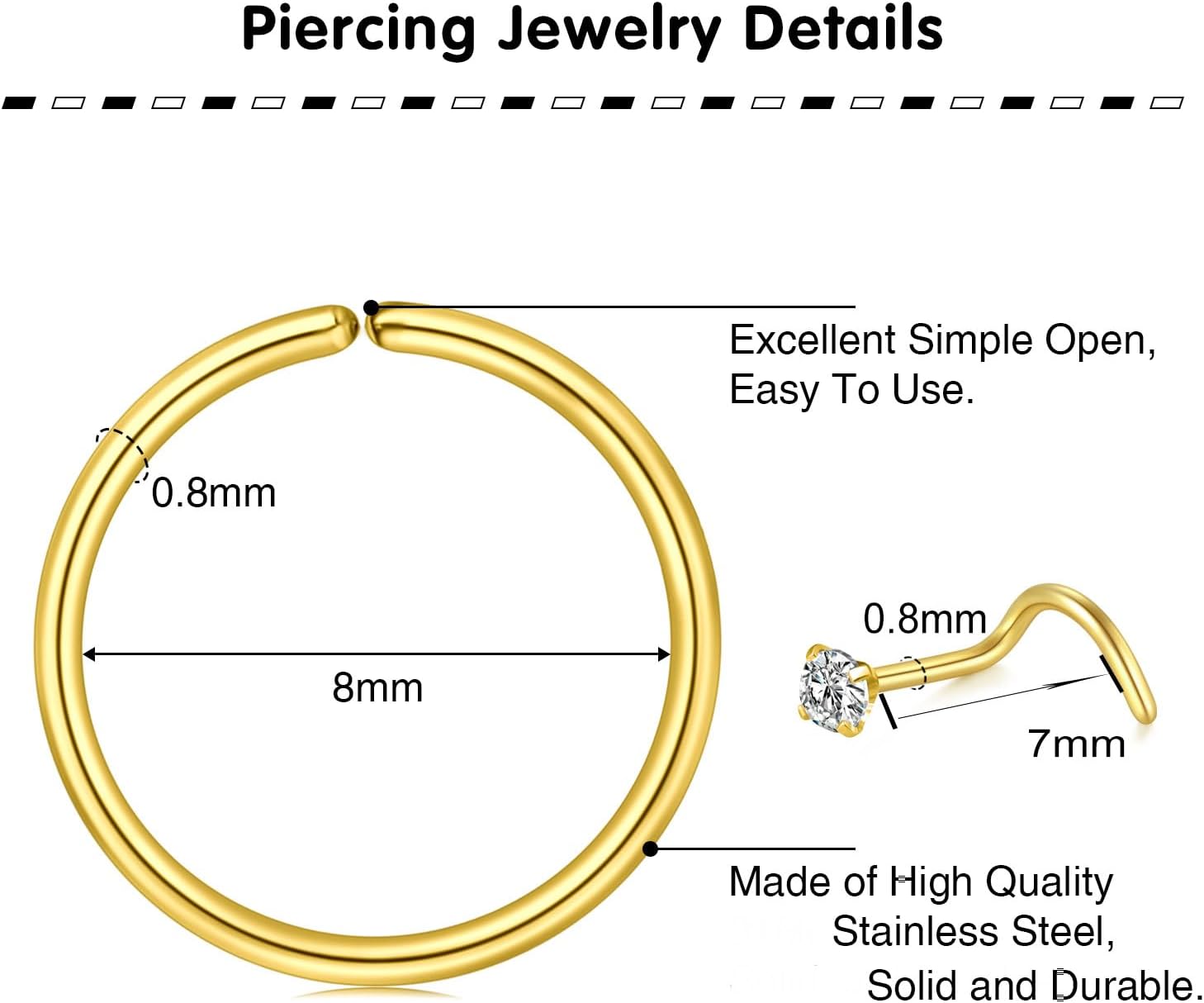 Detalle de WillTen 20G Nasenstecker Spirale Gold Diamant CZ – 12er Set aus Edelstahl, hypoallergen