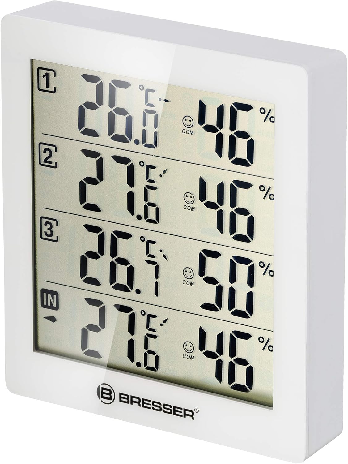 Detalle de BRESSER termoiogrometro bianco con 3 sensori remoti e stazione base LCD