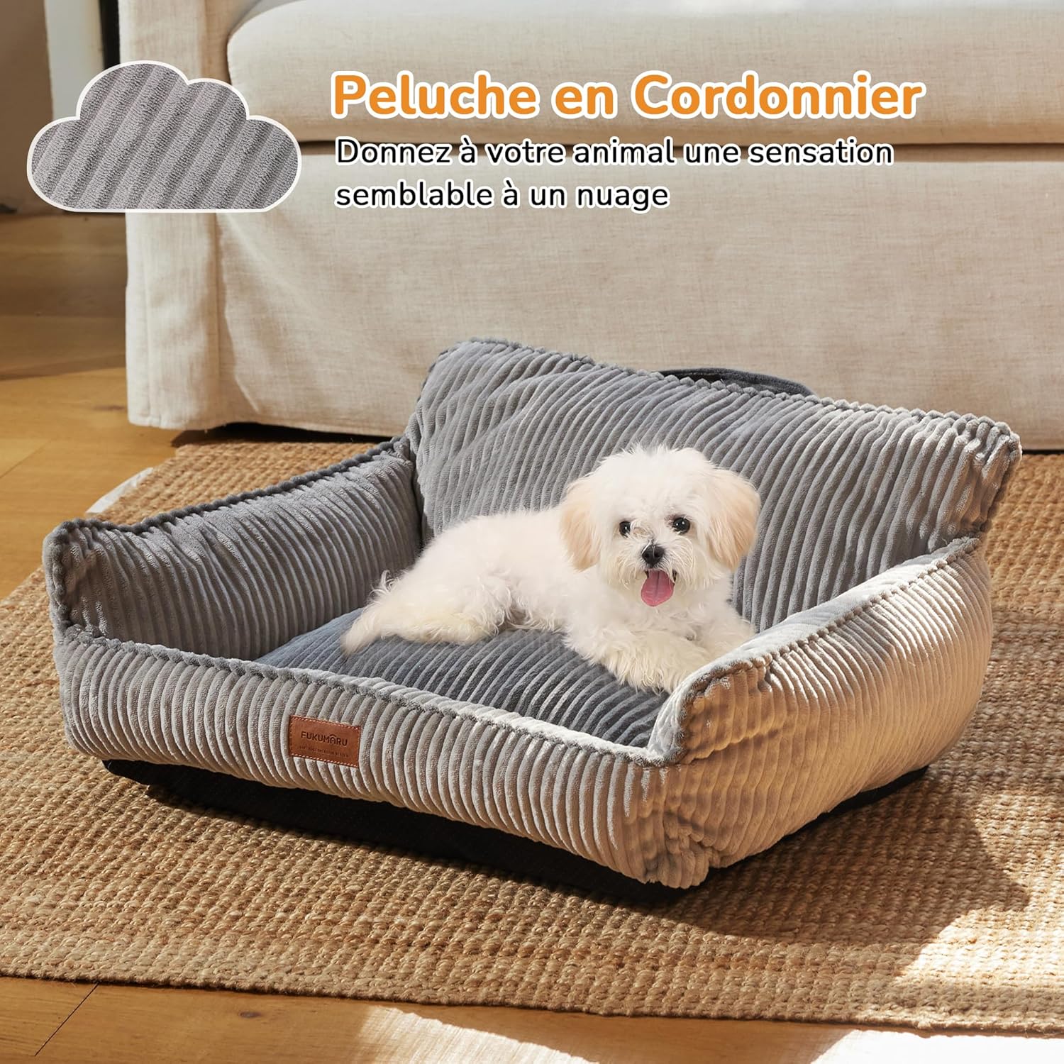 Thumbnail 1 de FUKUMARU Panier pour chien en velours côtelé avec housse lavable et fond anti-dérapant – Gris, 71 cm