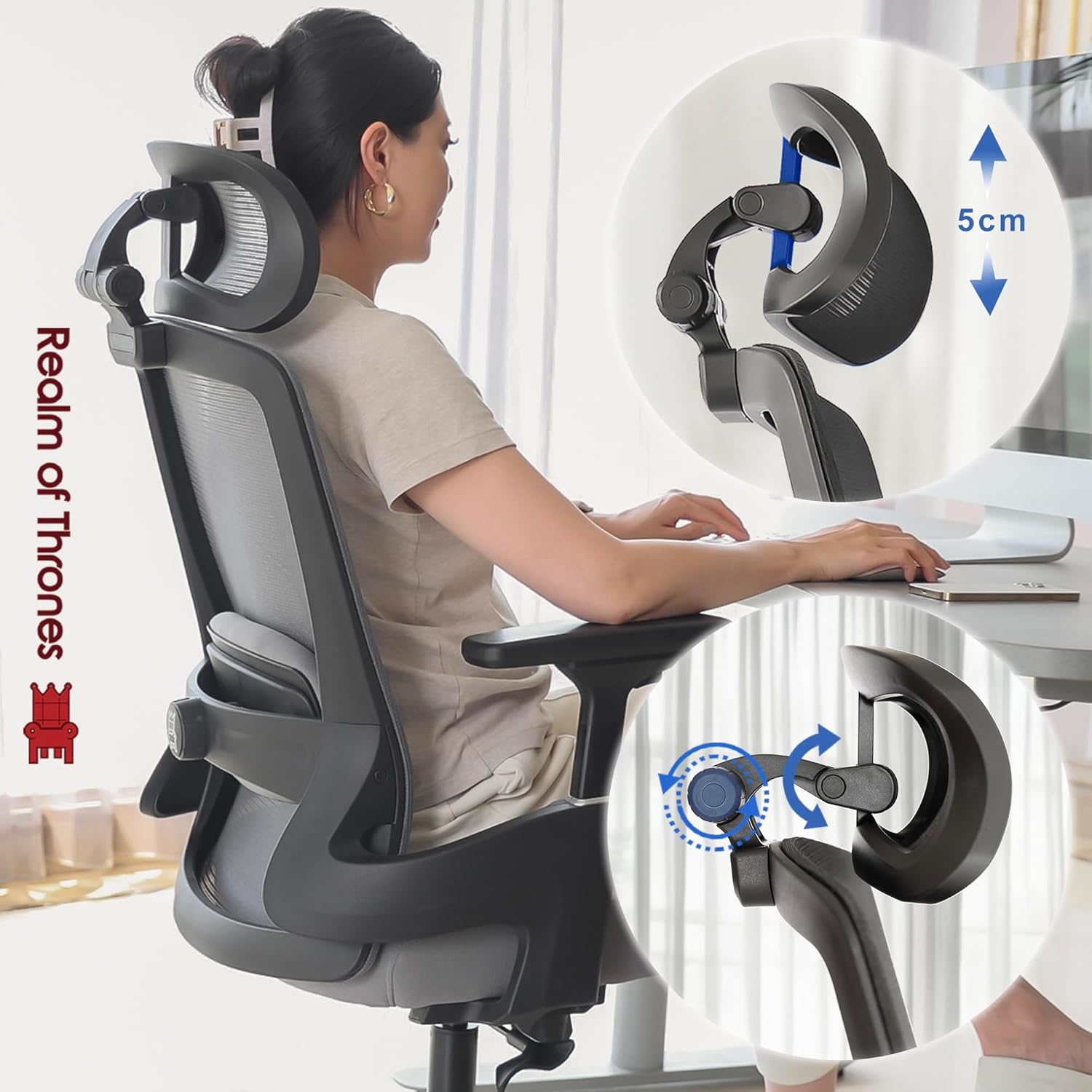 Thumbnail 6 de Realm of Thrones AVALON Ergonomic Office Chair with 3D headrest, adjustable lumbar support and mesh back (Black)