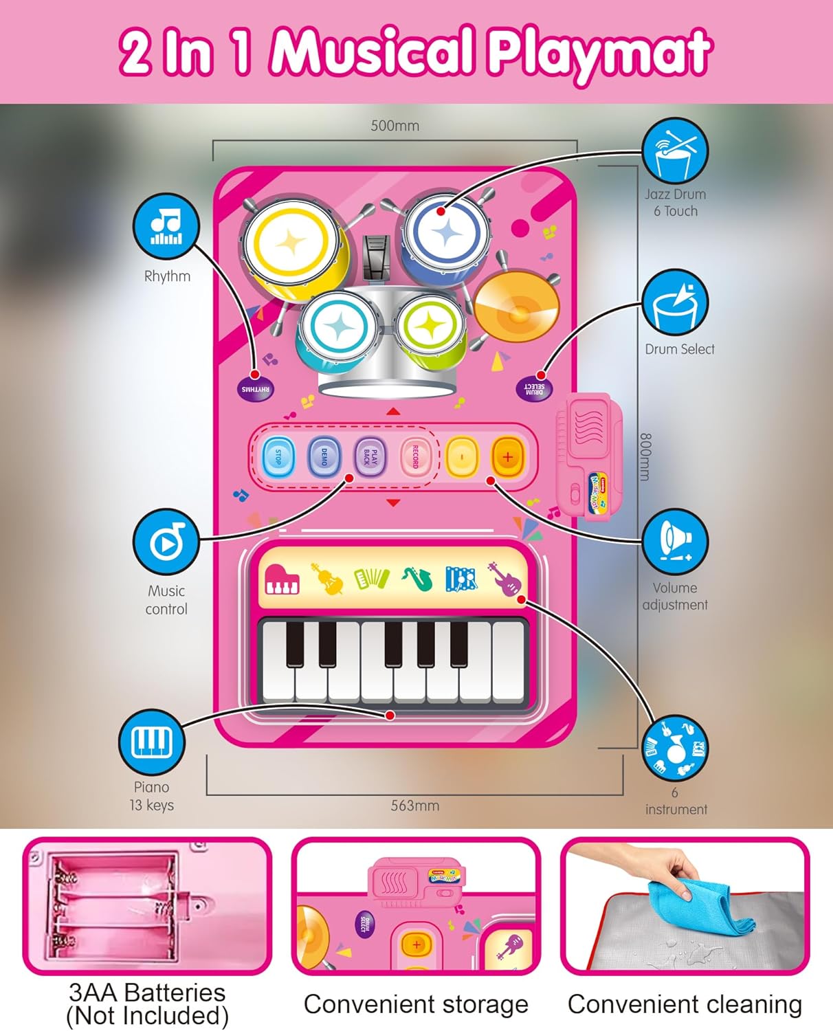 Detalle 2 de DQMOON Musical Mat with Piano & Drum (Adjustable Volume) for 12–18 Months, Pink