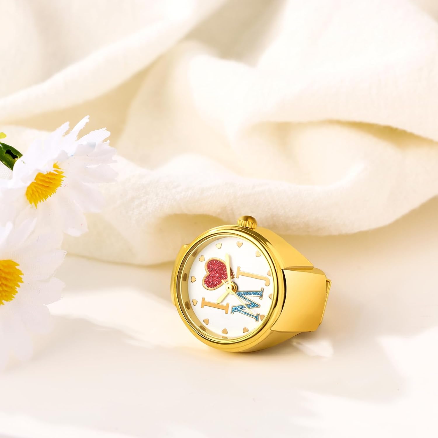 Detalle de JewelryWe Ringuhr Fingeruhr mit Elastischem Zugband – analoge Quarzuhr im Goldlook