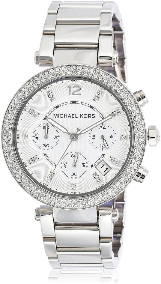 Detalle de Michael Kors Montre Parker pour Femme – Chronographe quartz, lunette strass, bracelet acier ou PVC