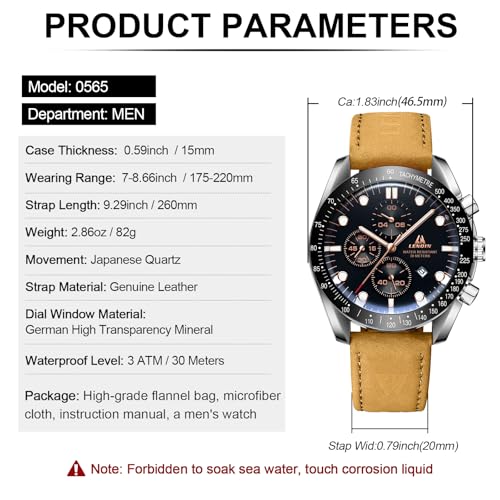 Thumbnail 6 de LN LENQIN Montre Homme - Montre analogique à quartz, étanche 3ATM, bracelet cuir